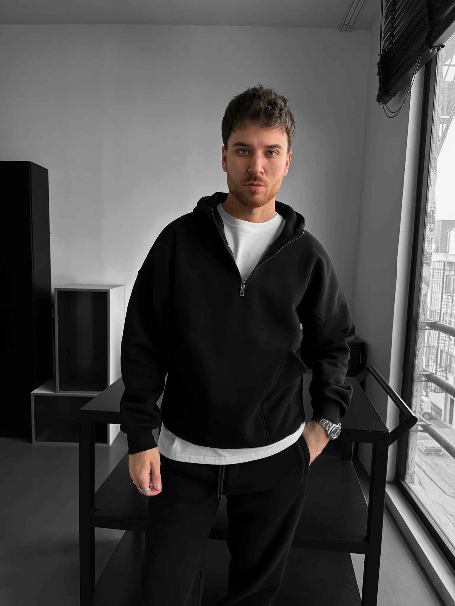 Loose Fit Half-Zip Basic Hoodie - Black - Image 2