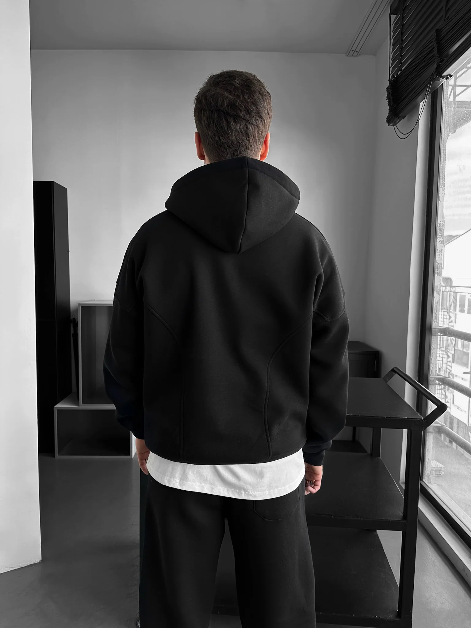 Loose Fit Half-Zip Basic Hoodie - Black - Image 3