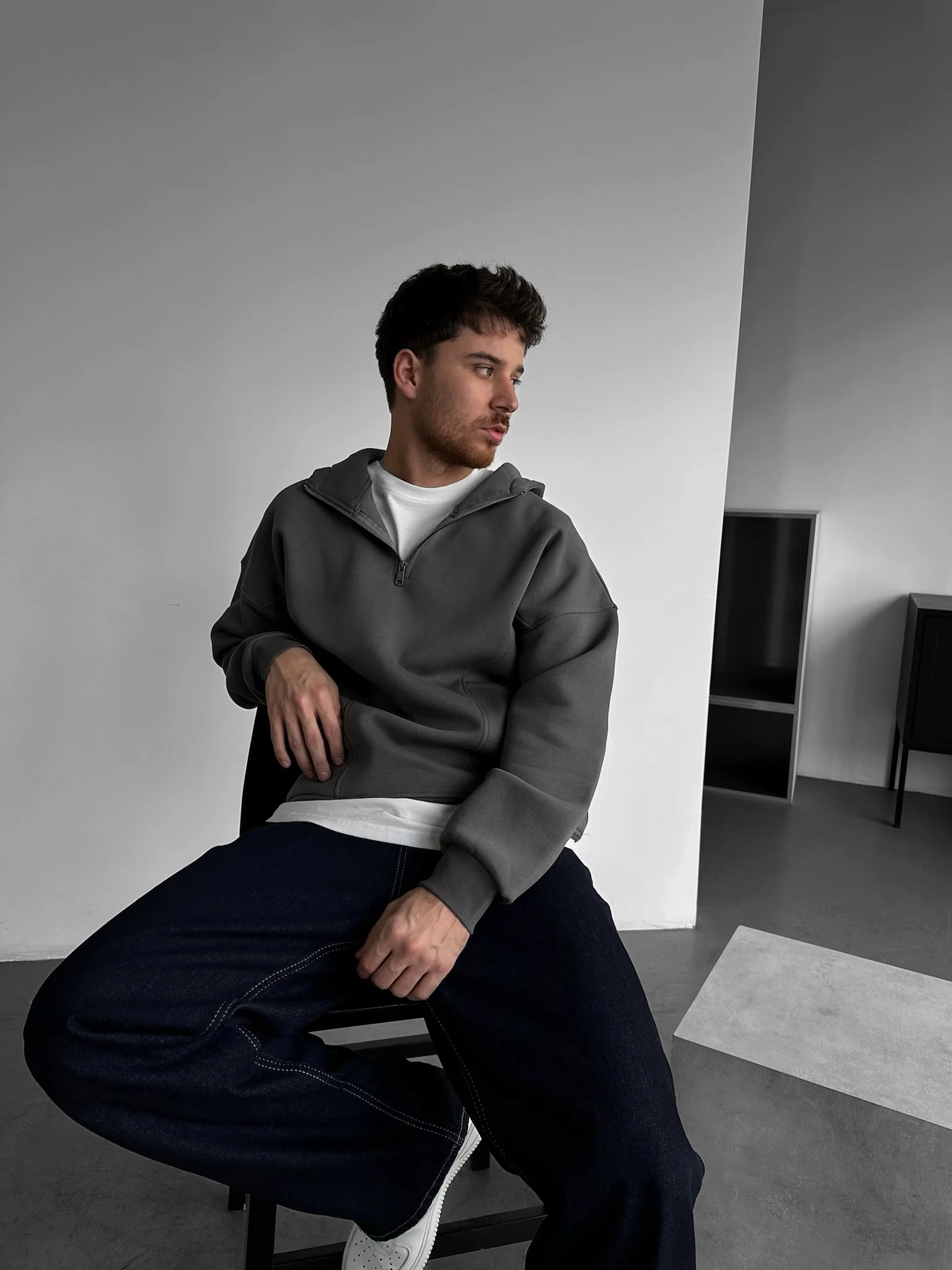 Loose Fit Half-Zip Basic Hoodie - Anthracite - Image 3