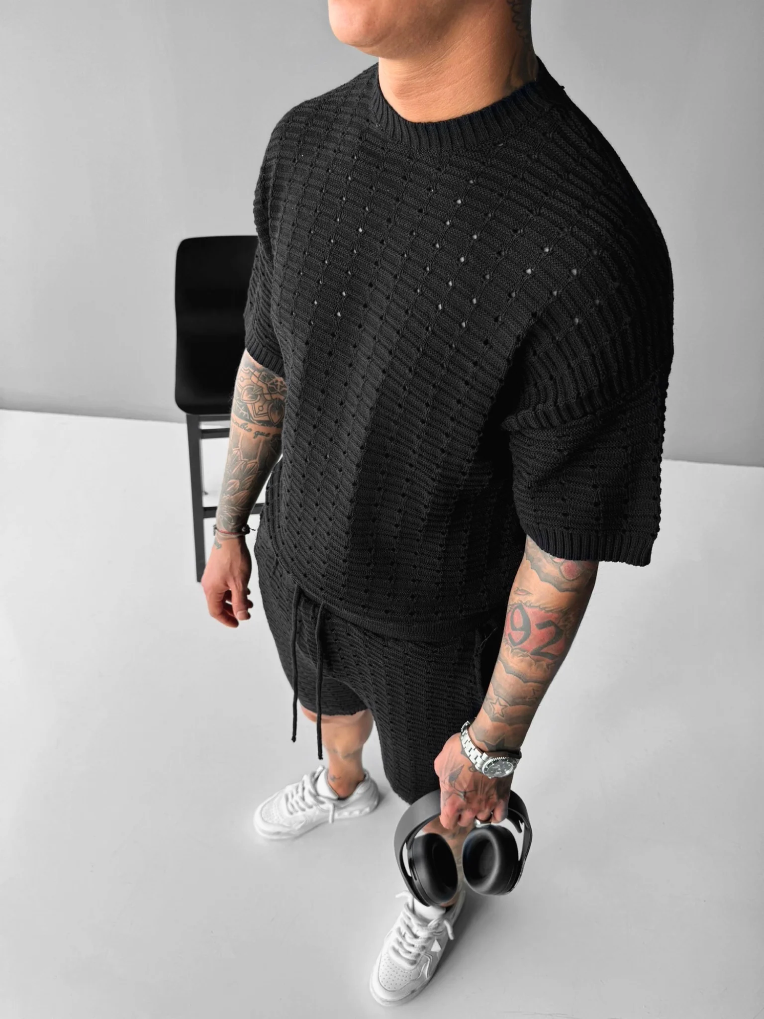 Loose Fit Holey Knit Shorts - Black - Image 3