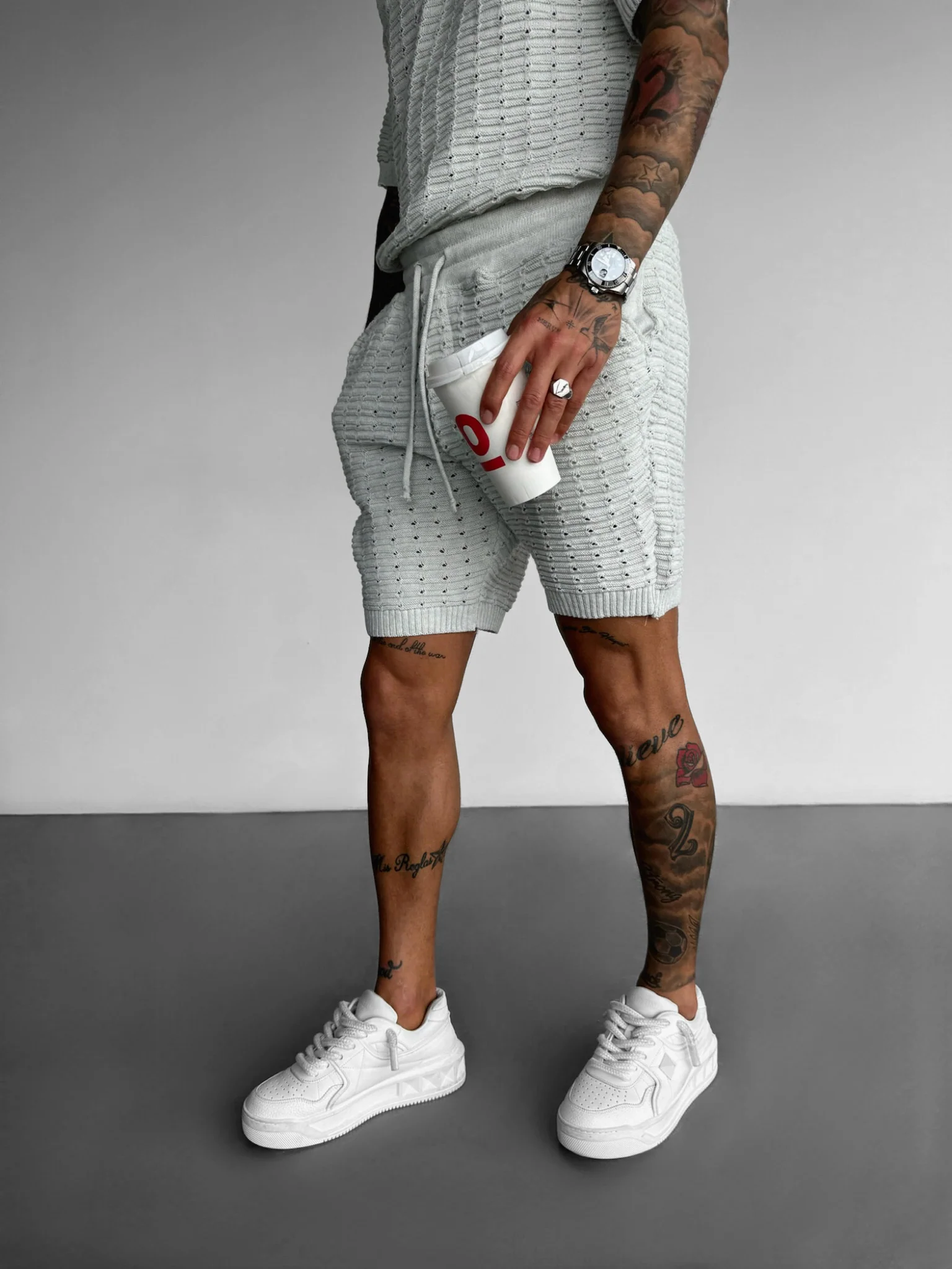 Loose Fit Holey Knit Shorts - White - Image 2