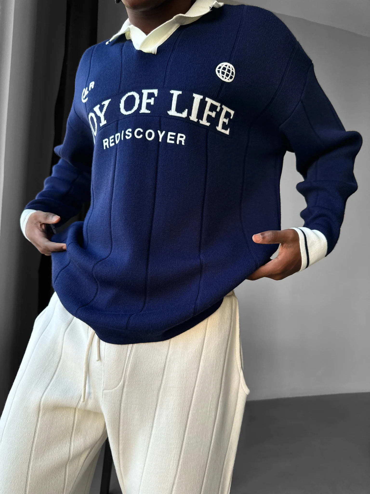 Loose Fit JLR Polo Sweater - Dark Blue - Image 3
