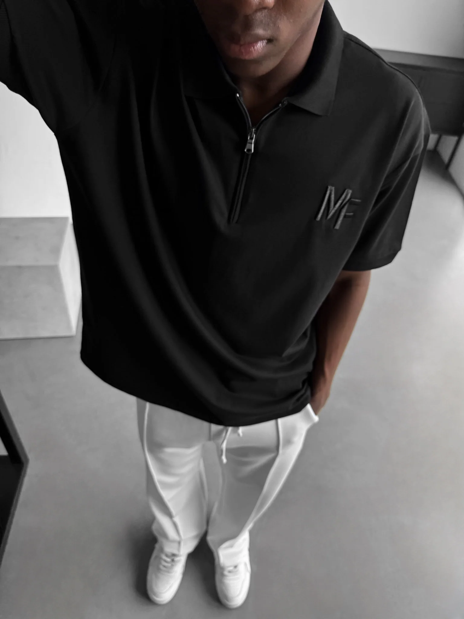 Loose Fit Knit Polo "MF" T-Shirt - Black