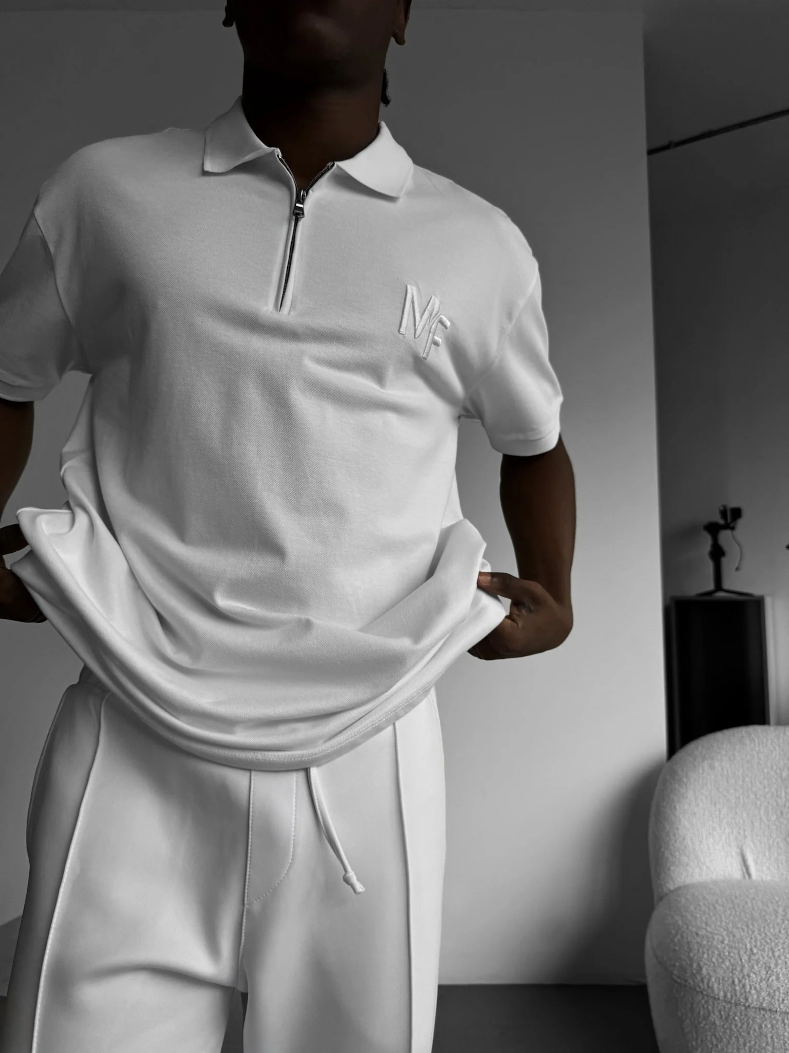 Loose Fit Knit Polo "MF" T-Shirt - White - Image 3