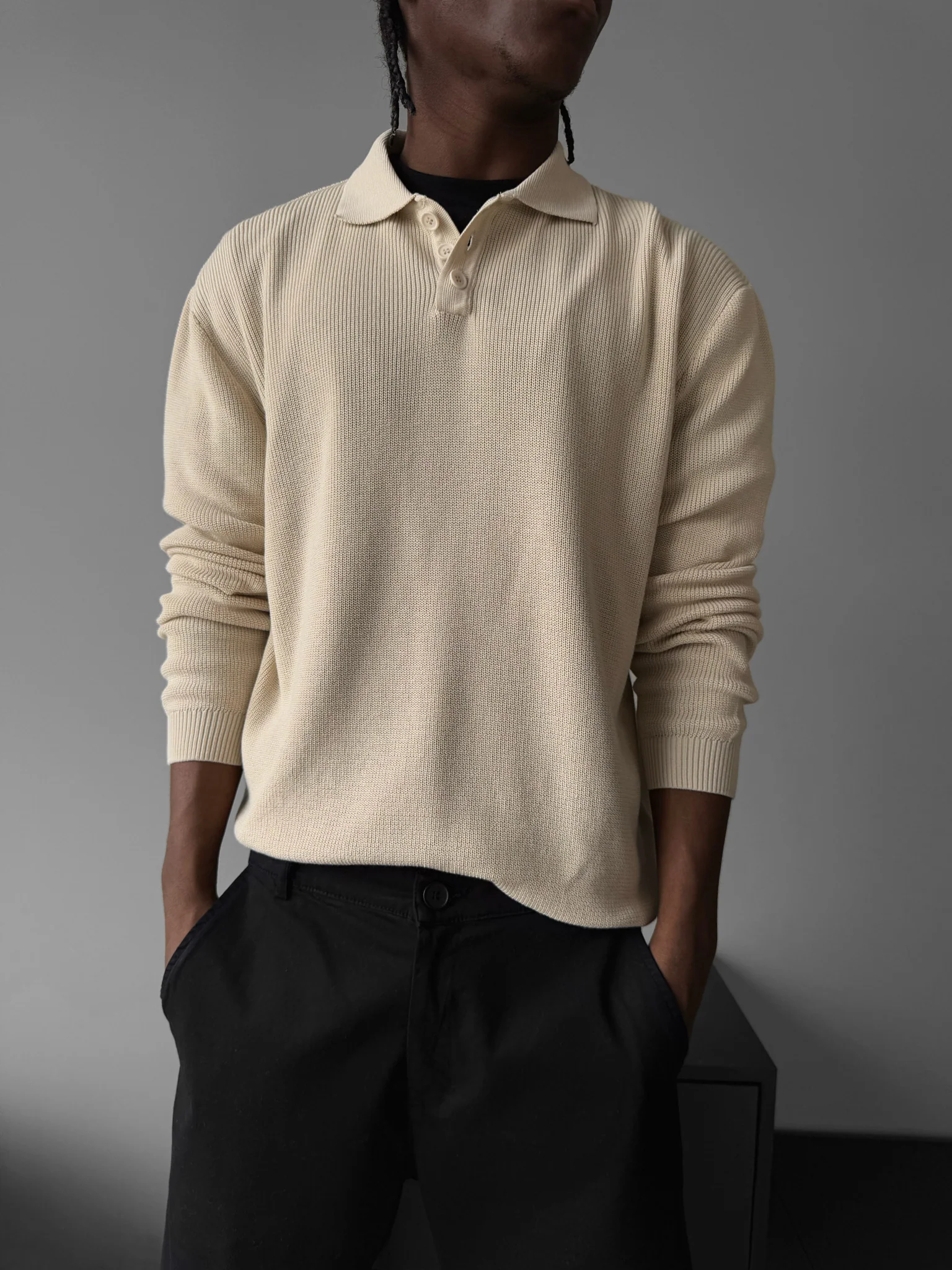 Loose Fit Knit Polo Sweater - Beige - Image 2