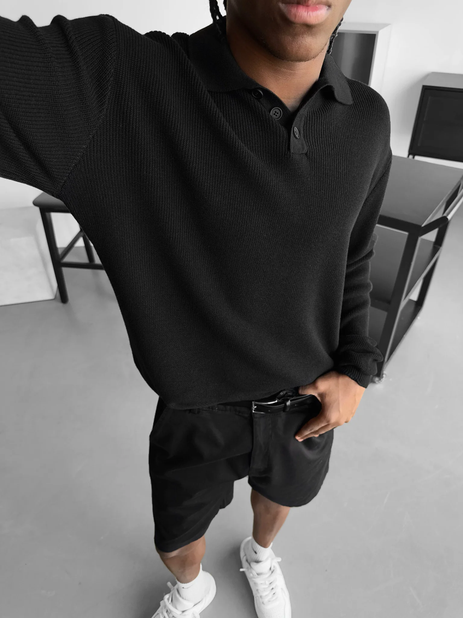 Loose Fit Knit Polo Sweater - Black - Image 2