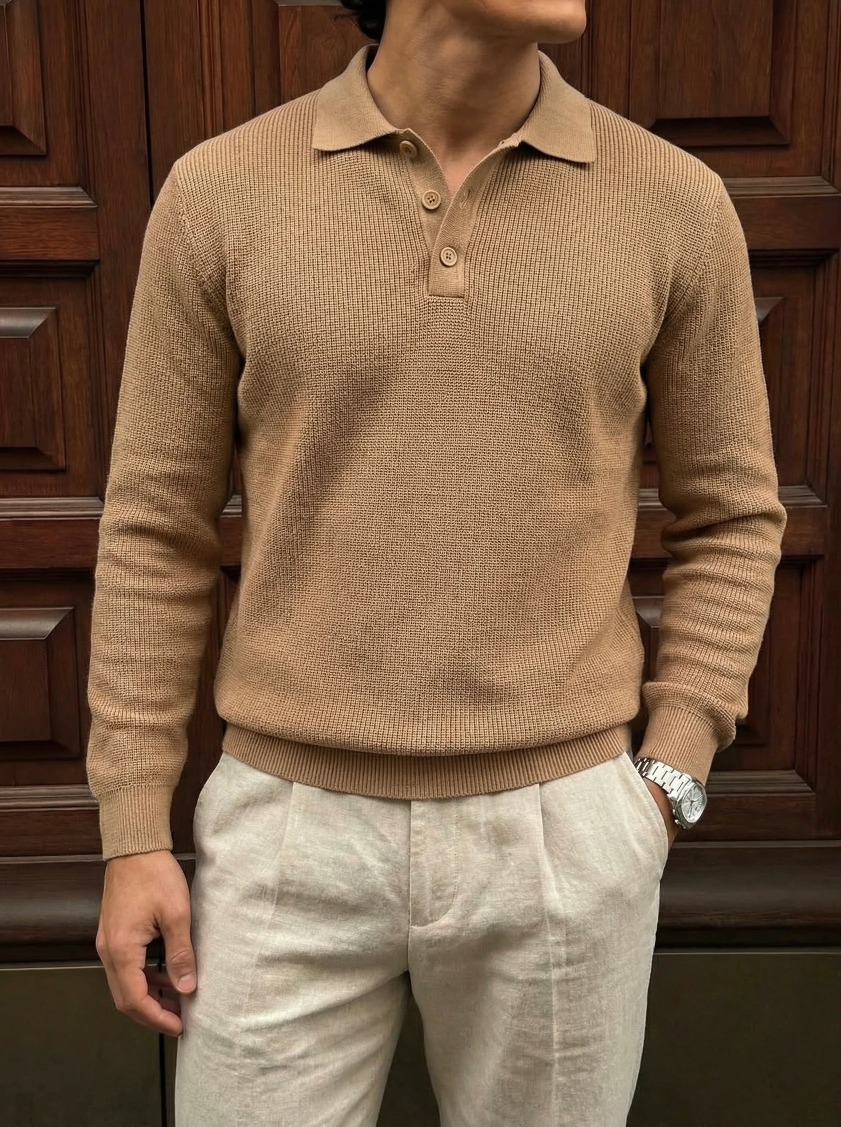 Loose Fit Knit Polo Sweater - Brown - Image 2