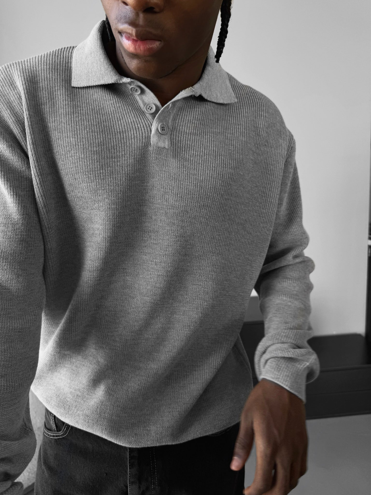 Loose Fit Knit Polo Sweater - Grey - Image 2