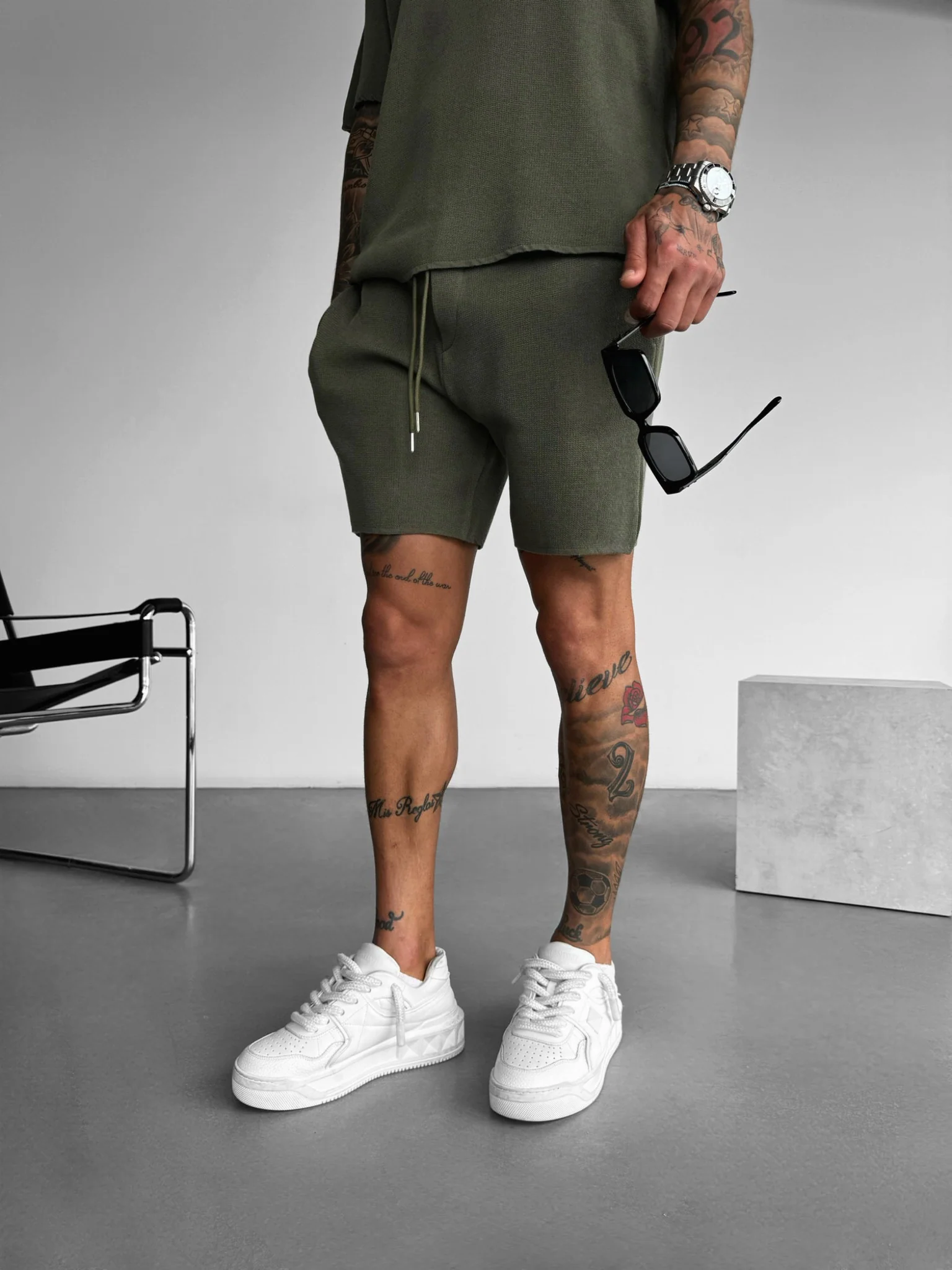 Loose Fit Knit Shorts - Khaki - Image 3