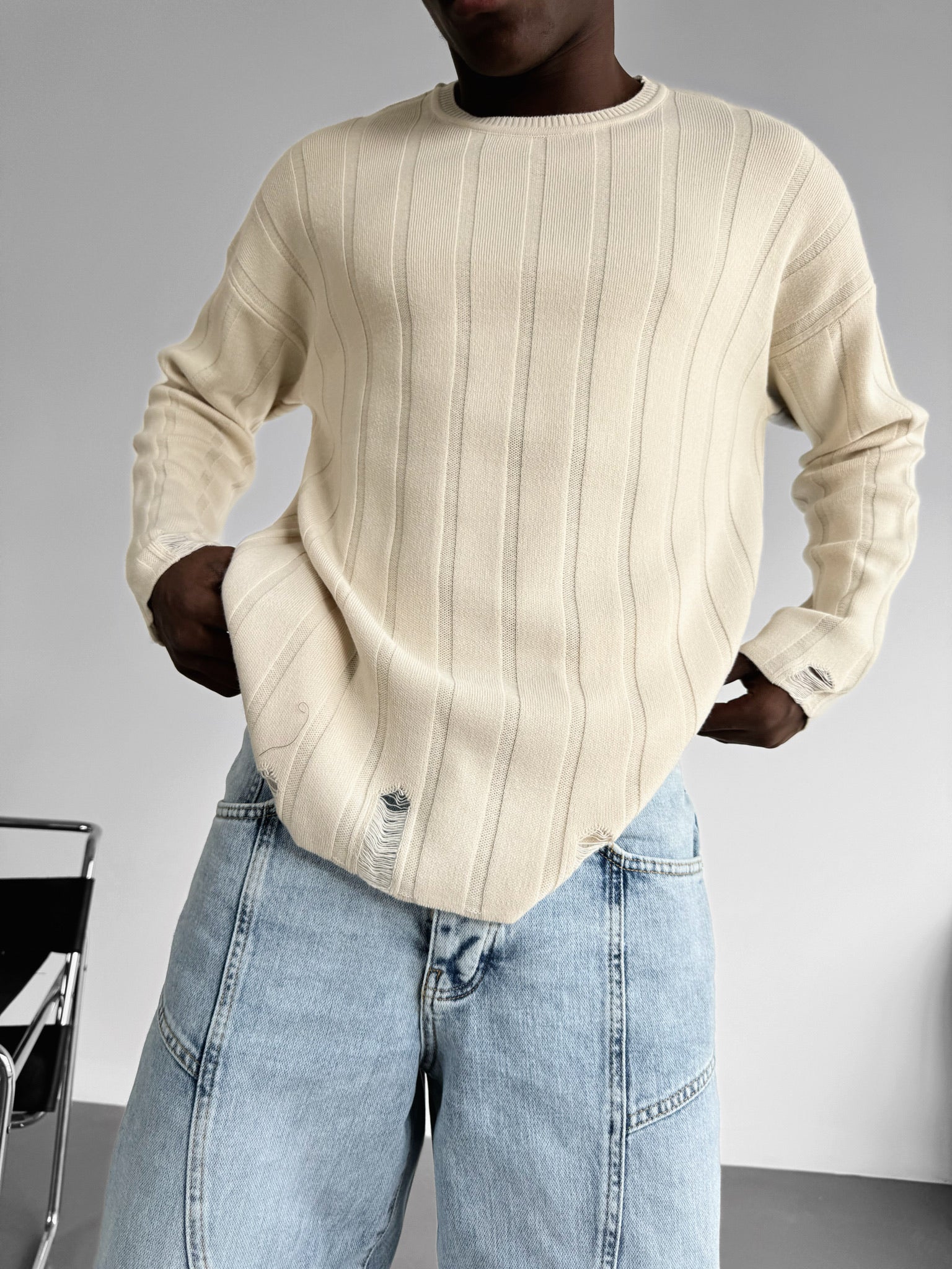 Loose Fit Knit Striped Torn Sweater - Cremé - Image 2