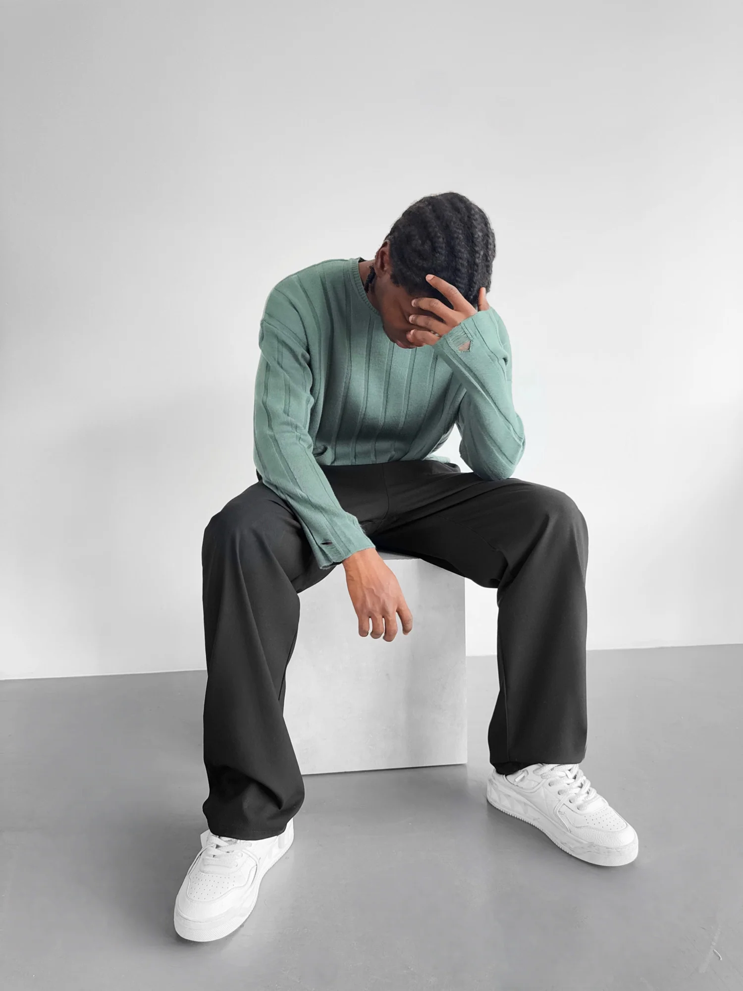 Loose Fit Knit Striped Torn Sweater - Petrol - Image 2
