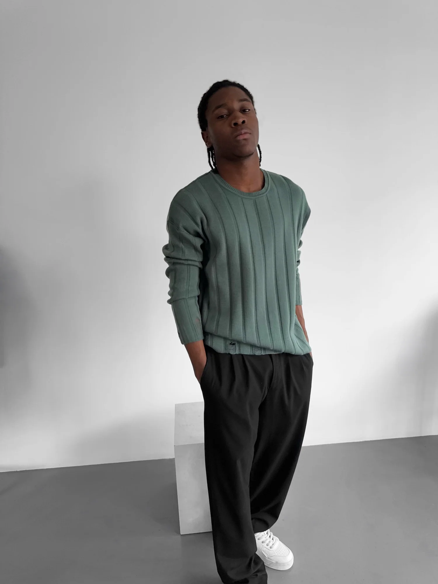 Loose Fit Knit Striped Torn Sweater - Petrol - Image 3
