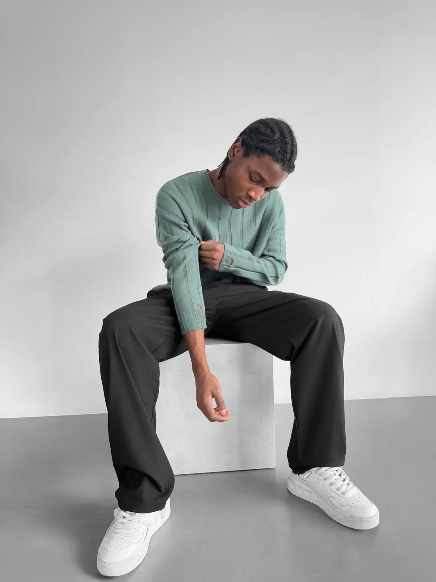 Loose Fit Knit Striped Torn Sweater - Petrol - Image 4