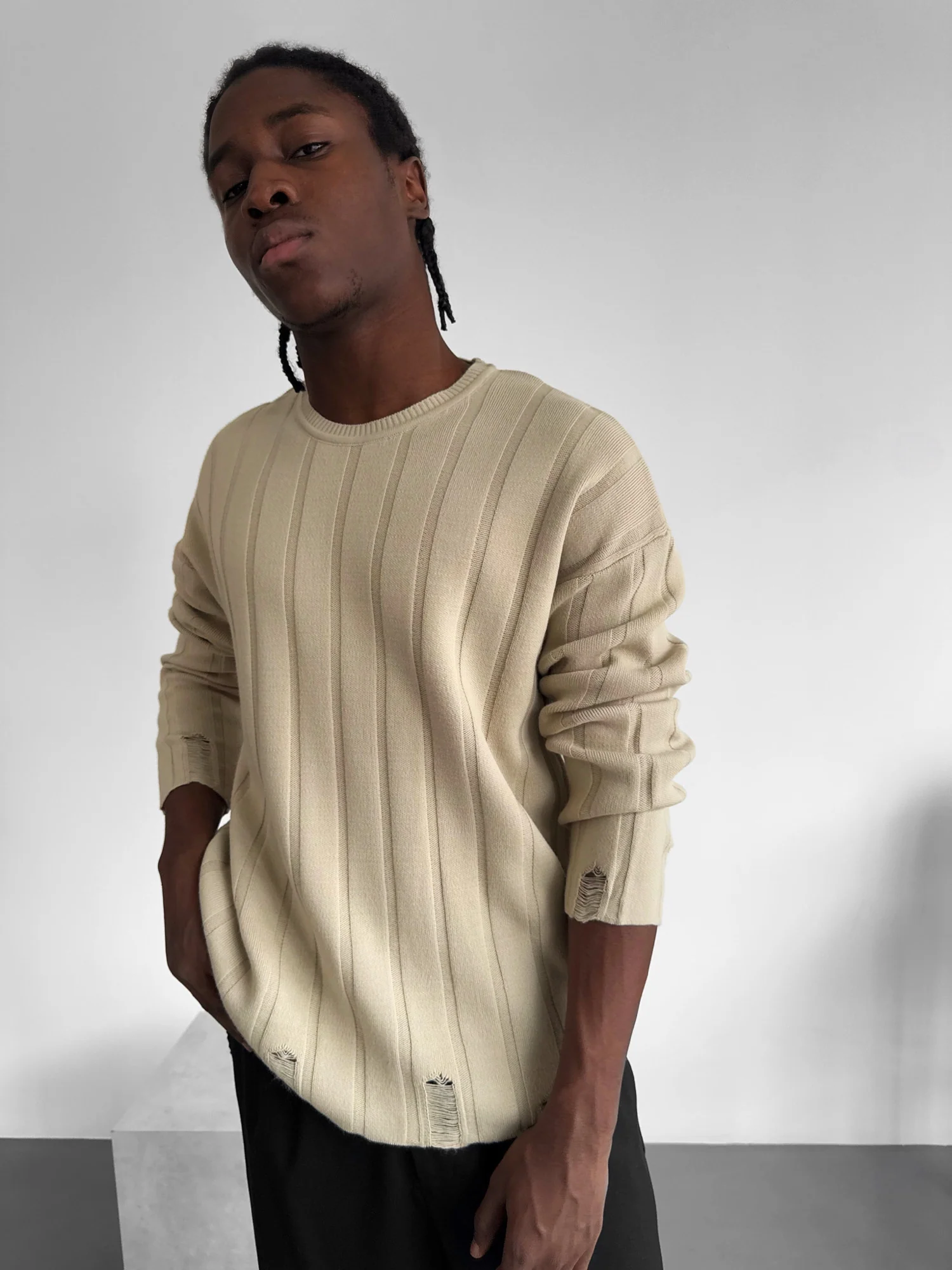 Loose Fit Knit Striped Torn Sweater - Stone - Image 3