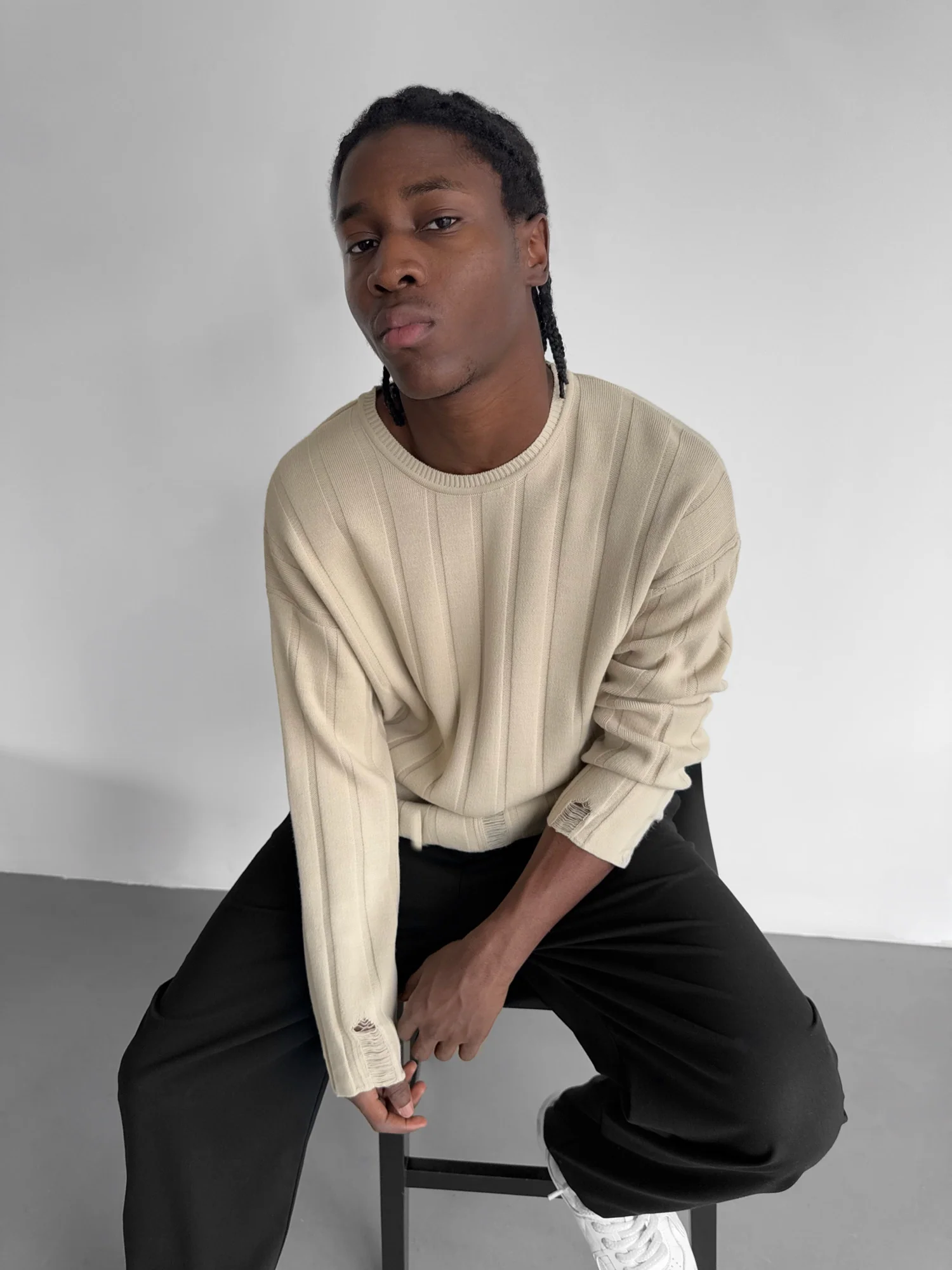 Loose Fit Knit Striped Torn Sweater - Stone - Image 4