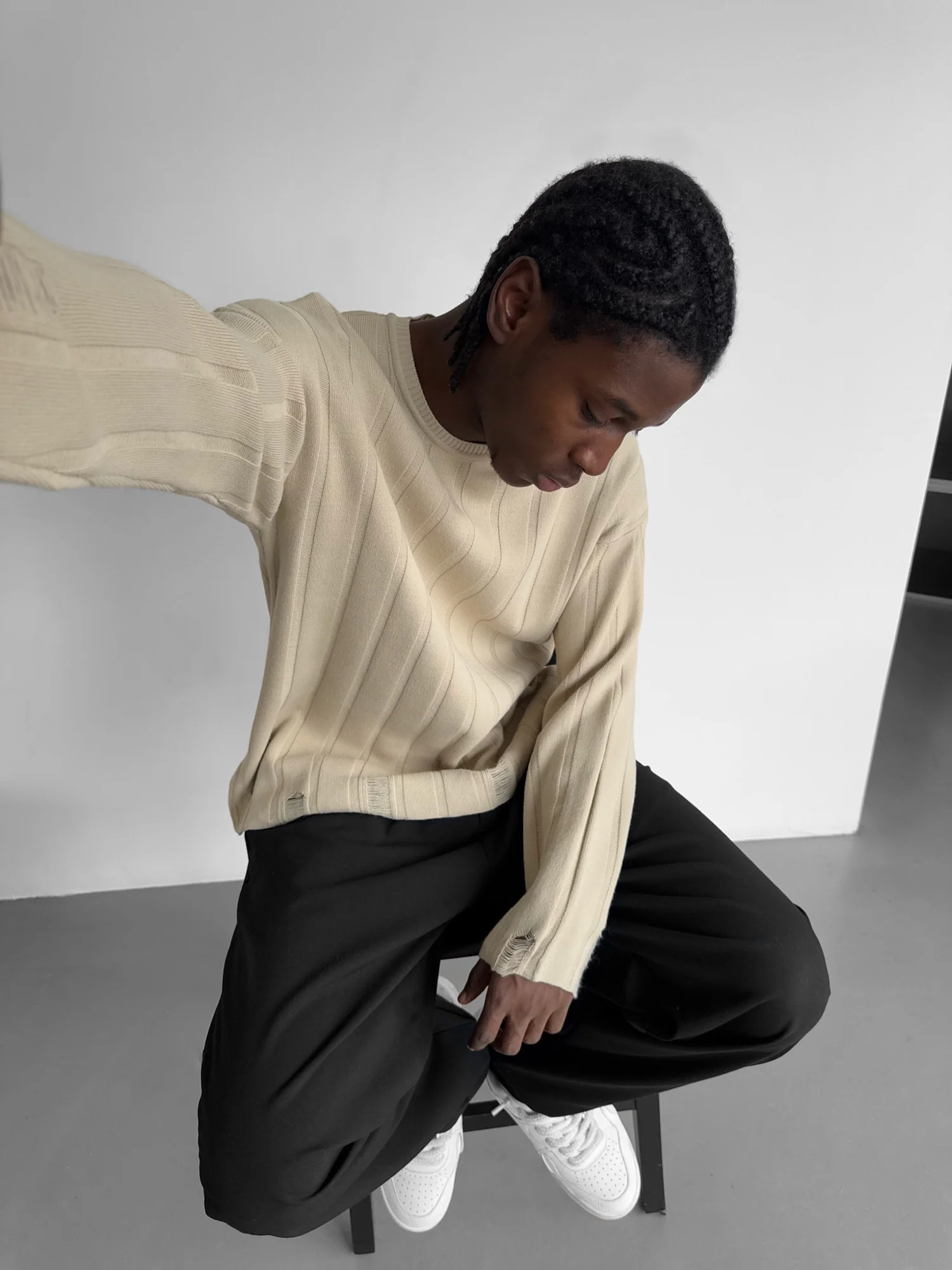 Loose Fit Knit Striped Torn Sweater - Stone - Image 5