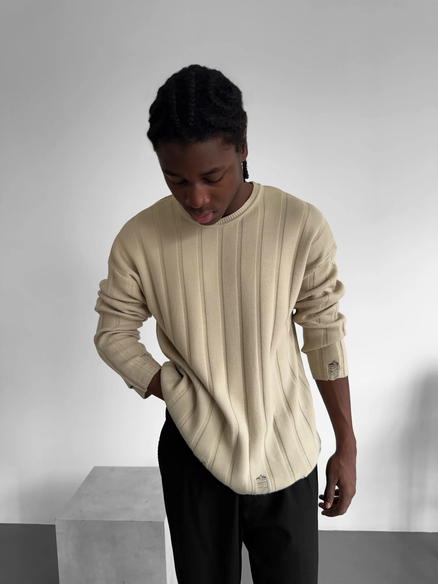 Loose Fit Knit Striped Torn Sweater - Stone - Image 6