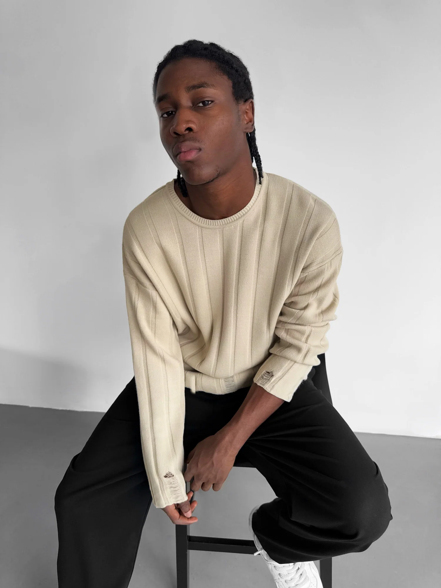 Loose Fit Knit Striped Torn Sweater - Stone - Image 7