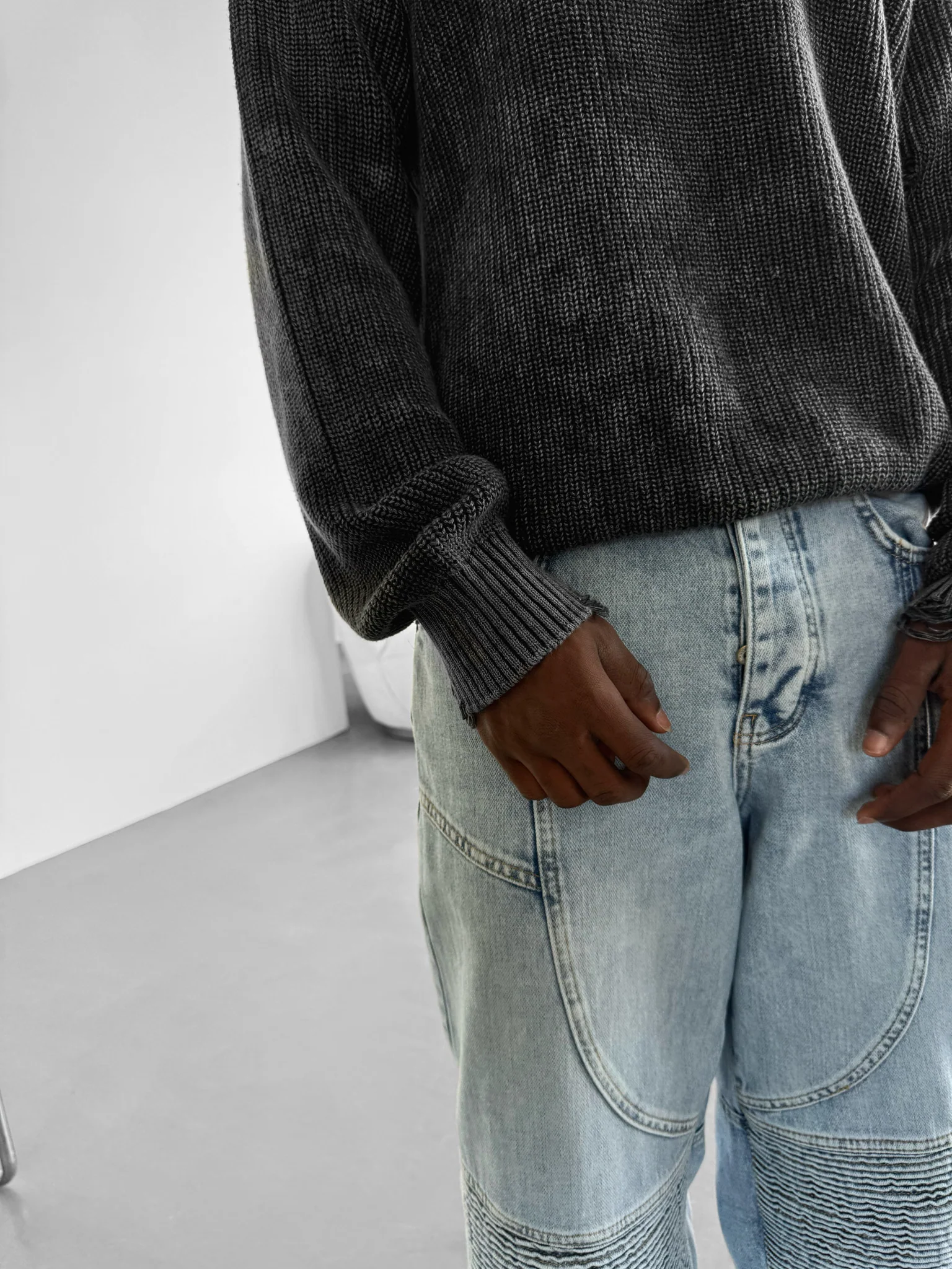 Loose Fit Knit Torn Sweater - Black - Image 2
