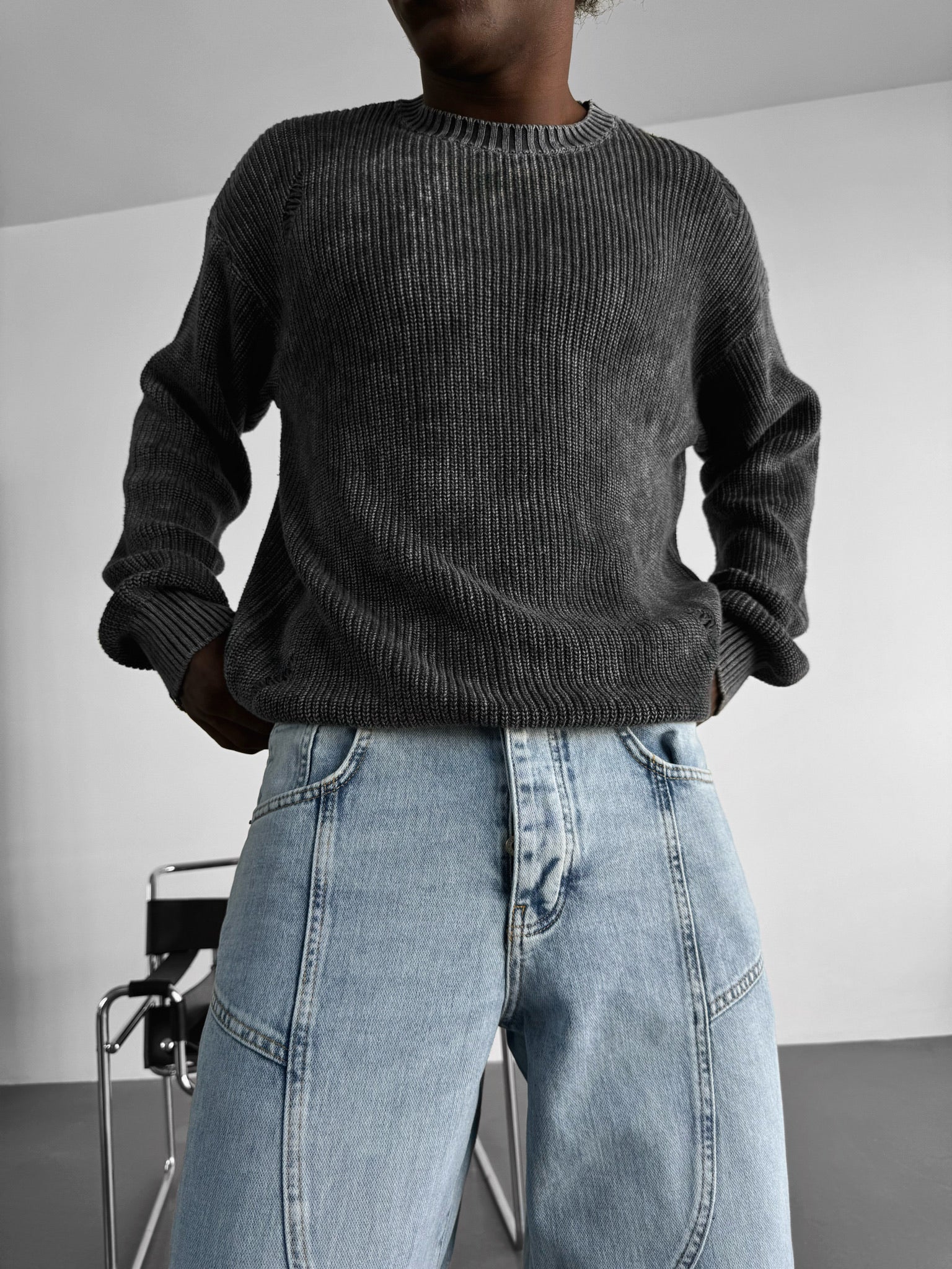 Loose Fit Knit Torn Sweater - Black - Image 3