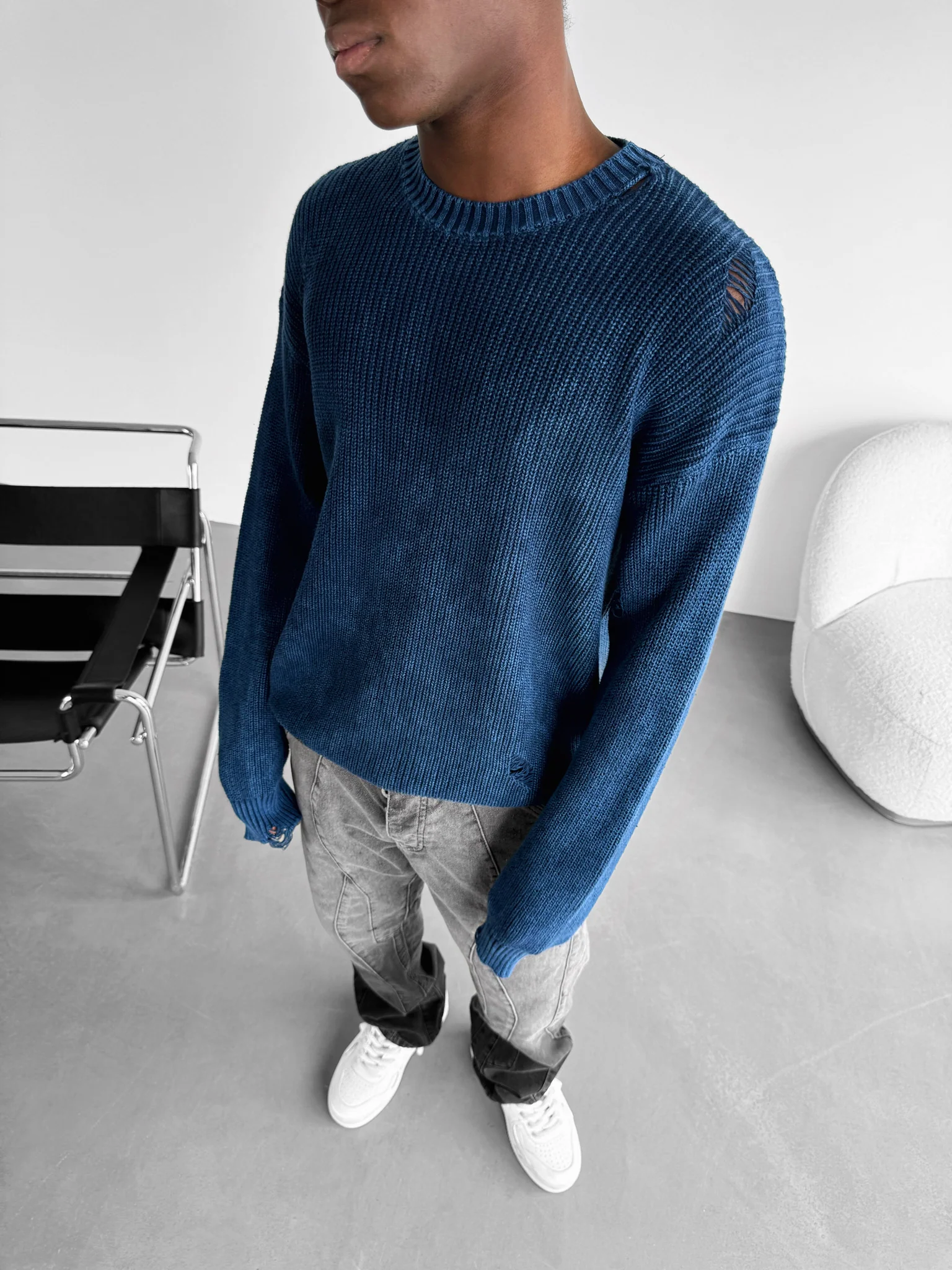 Loose Fit Knit Torn Sweater - Indigo - Image 3