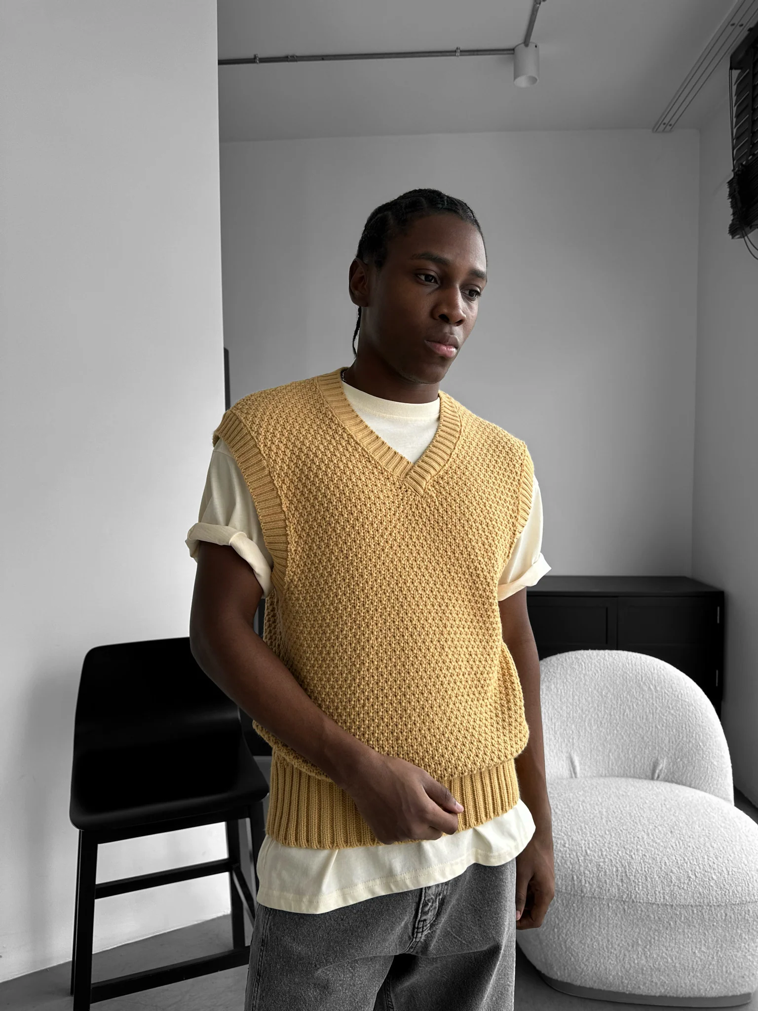 Loose Fit Knotted V Neck Pullunder - Beige