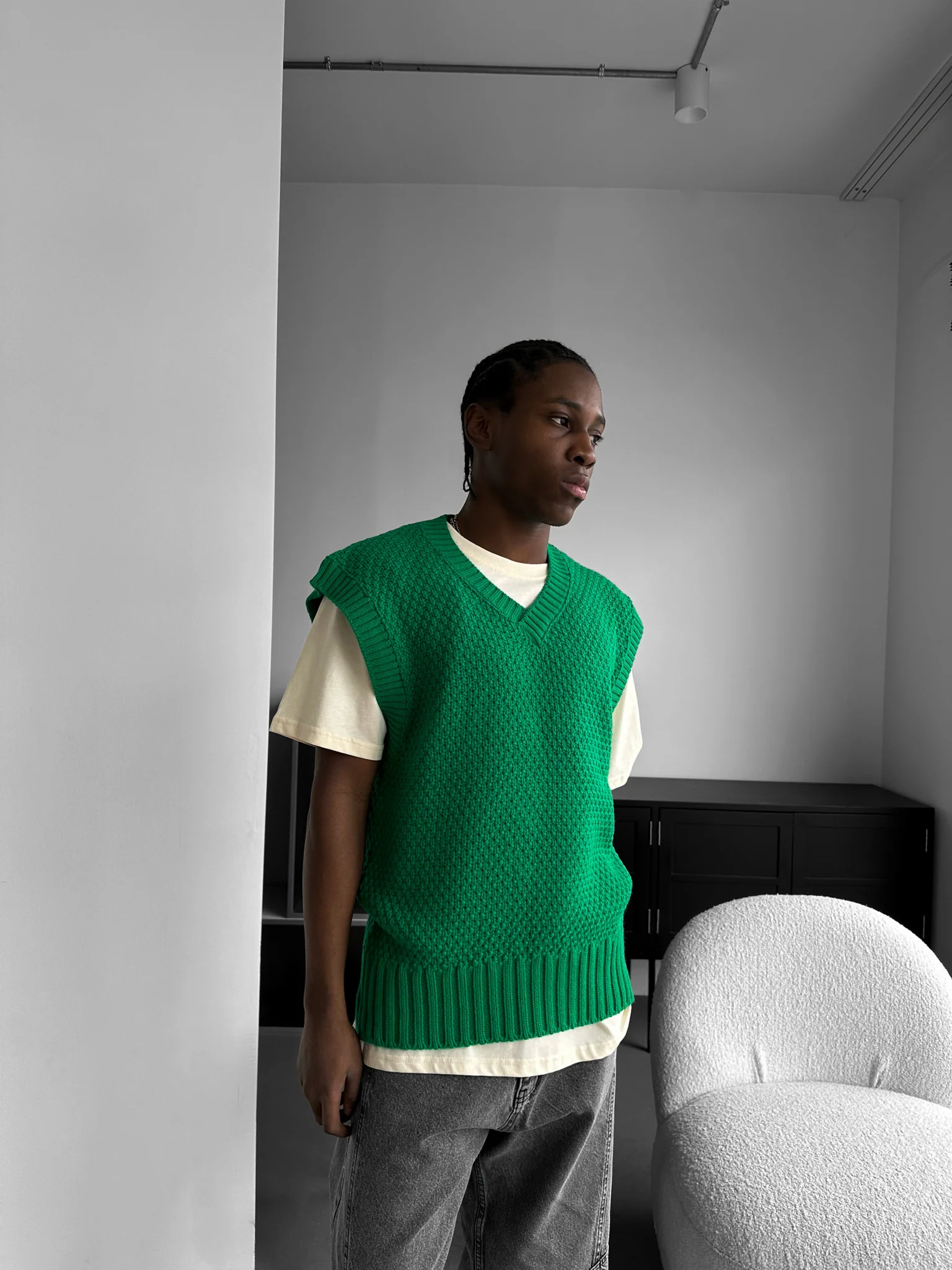 Loose Fit Knotted V Neck Pullunder - Green - Image 2