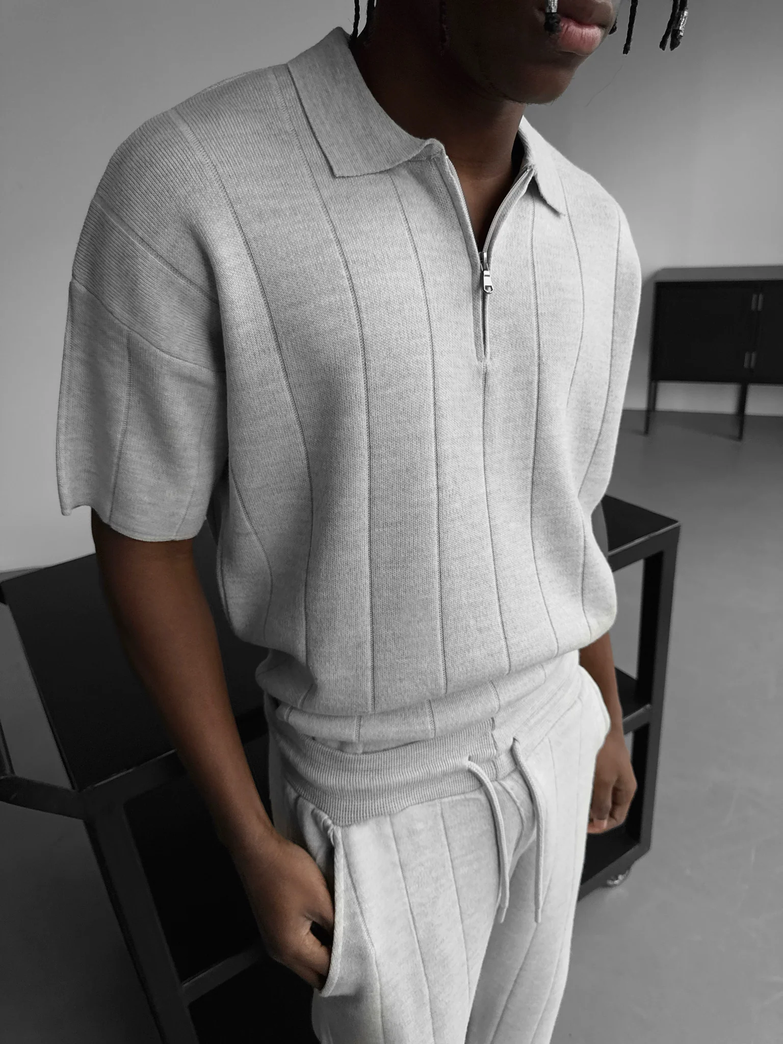 Loose Fit Line Collar Knit T-Shirt - Light Grey