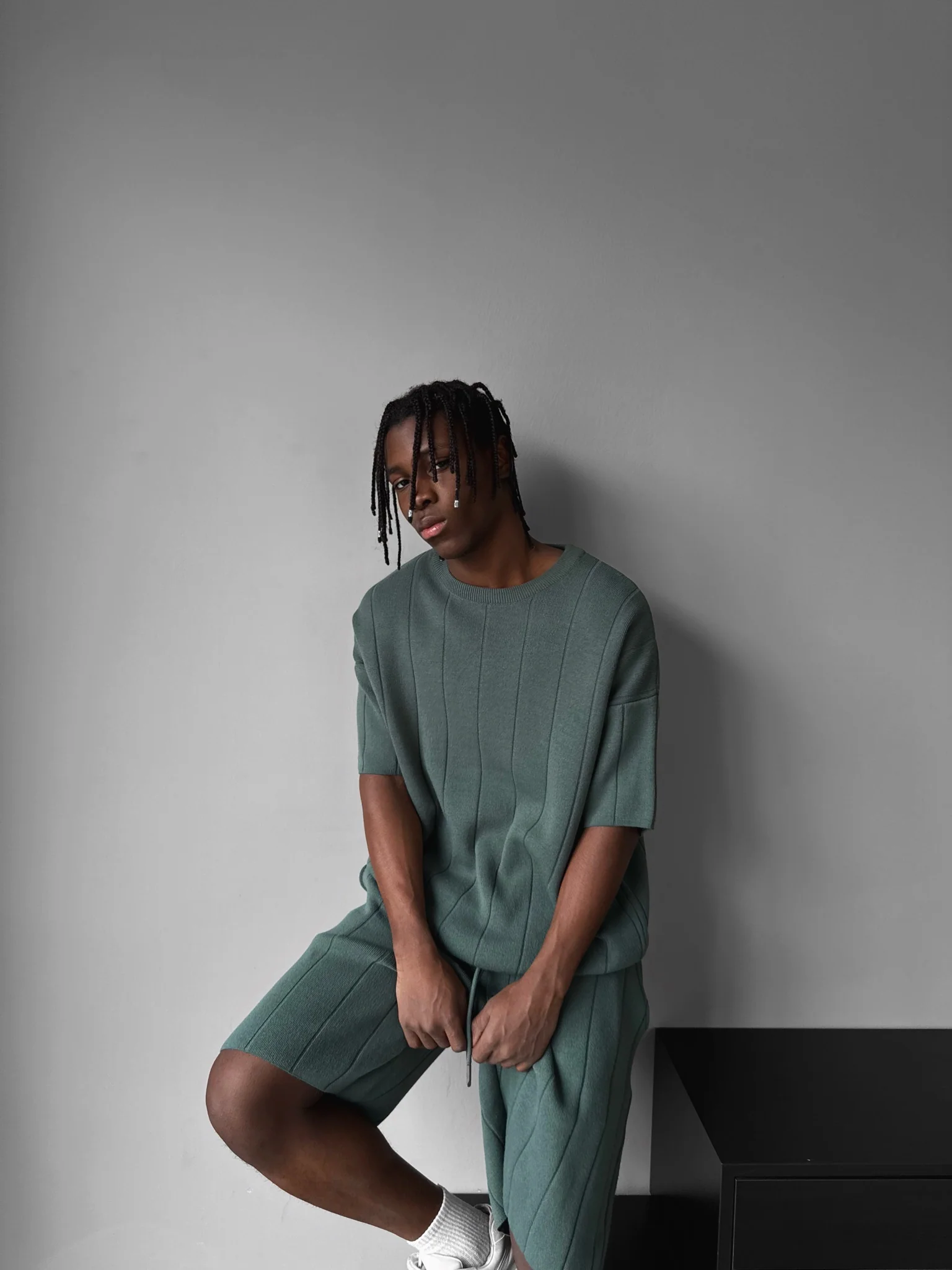 Loose Fit Line Knit Shorts - Petrol - Image 6