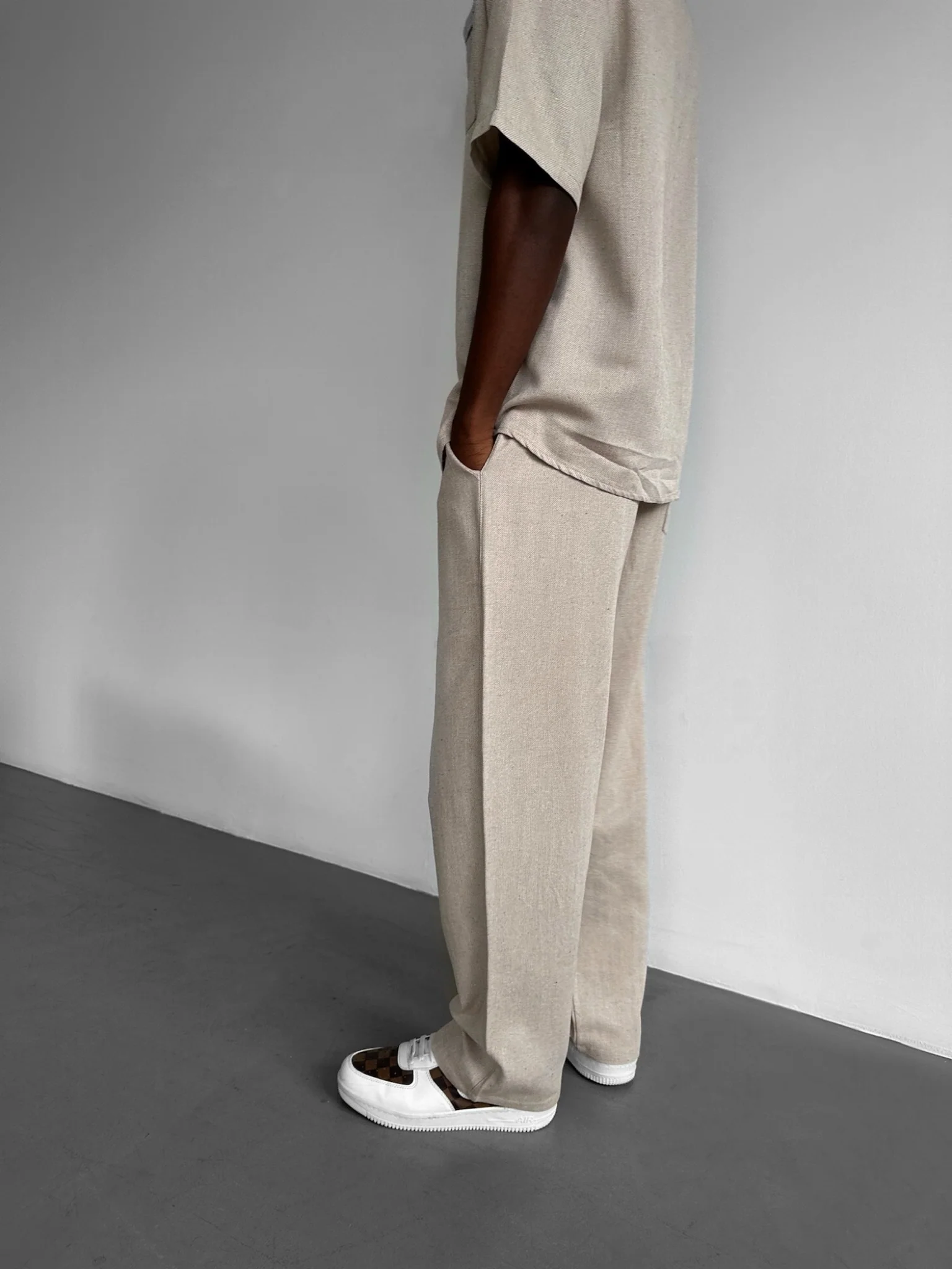 Loose Fit Linen Look Trousers - Stone - Image 3