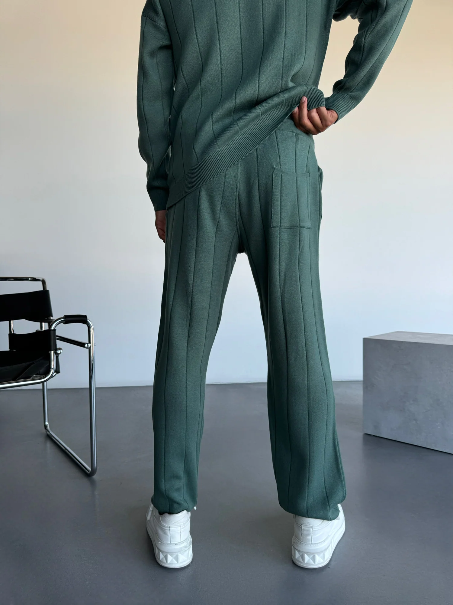Loose Fit Lines Knit Pants - Petrol - Image 2