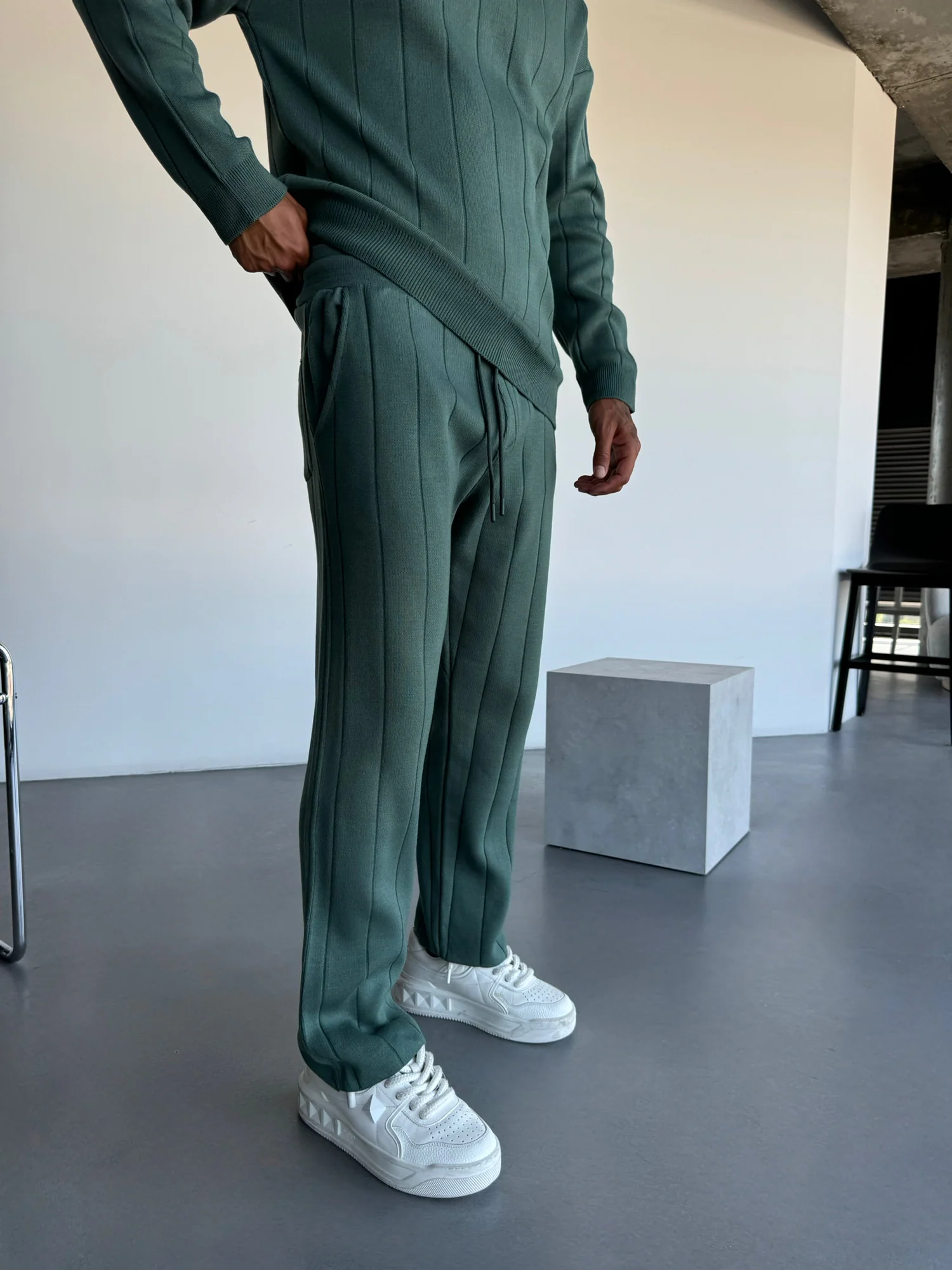 Loose Fit Lines Knit Pants - Petrol - Image 3