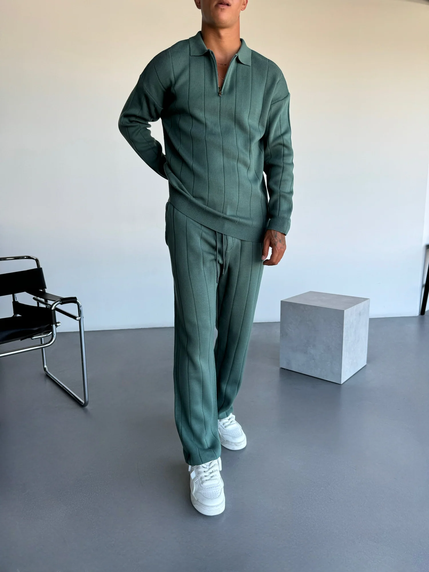 Loose Fit Lines Knit Pants - Petrol - Image 4