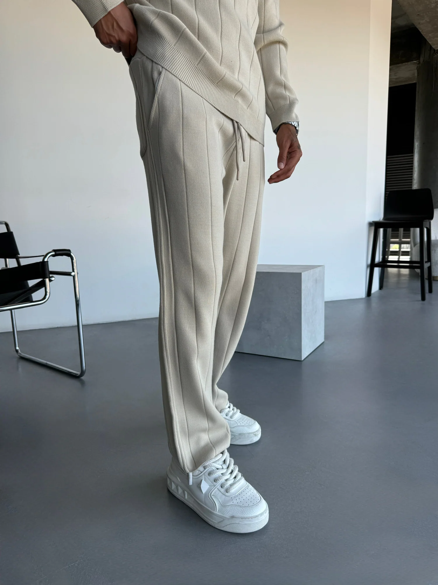 Loose Fit Lines Knit Pants - Stone - Image 3