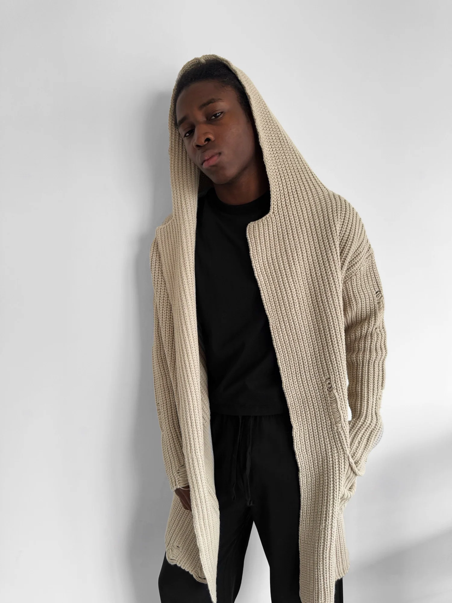 Loose Fit Long Knit Cardigan - Stone - Image 3