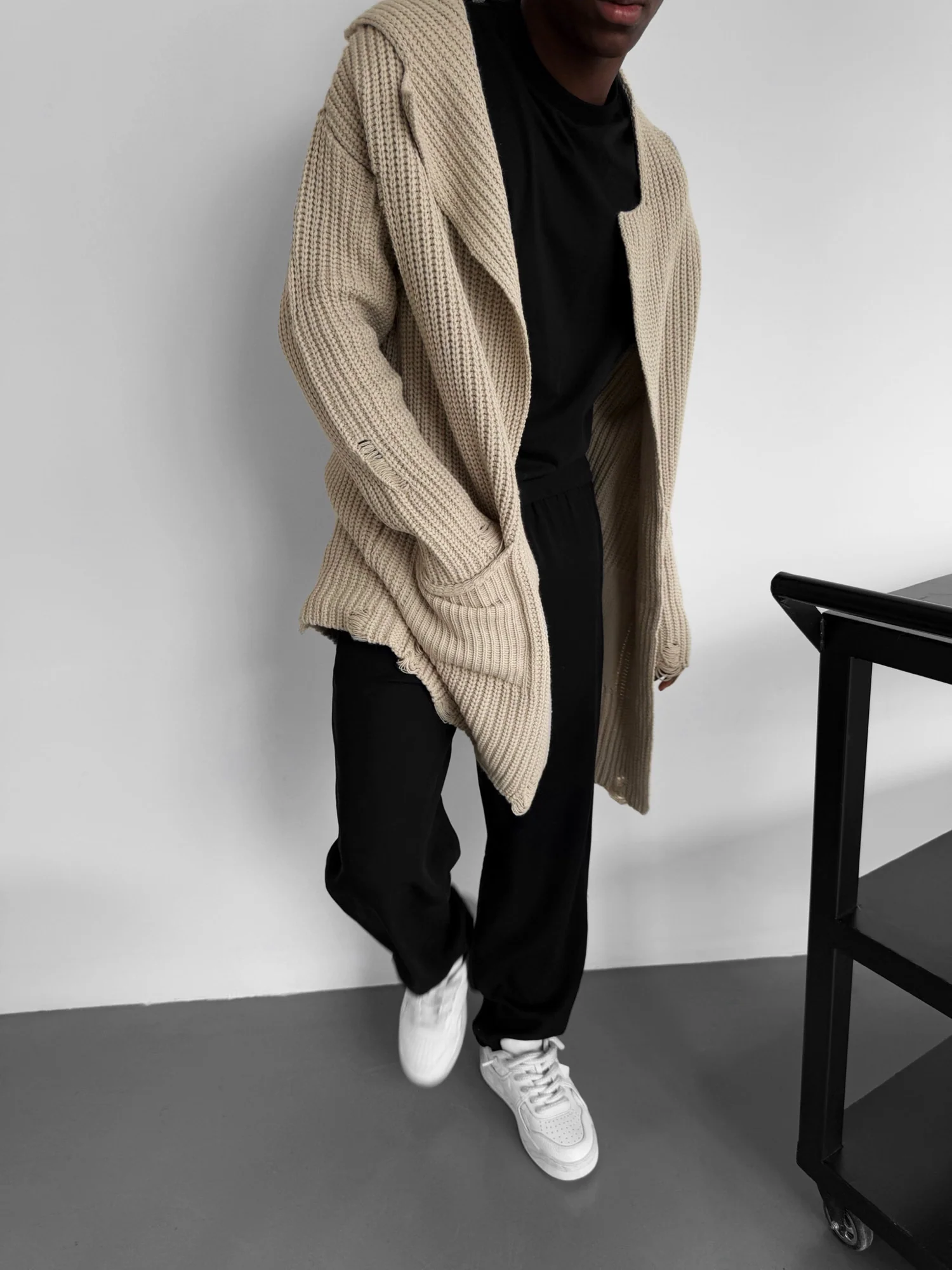 Loose Fit Long Knit Cardigan - Stone - Image 4