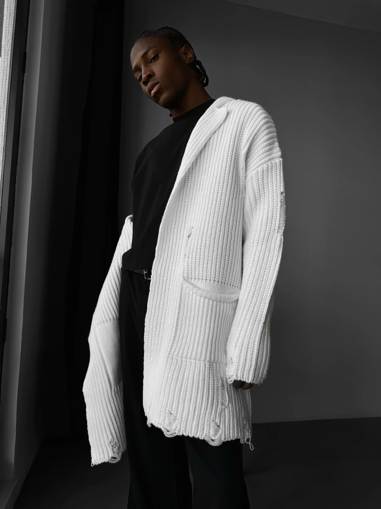 Loose Fit Long Knit Cardigan - White - Image 3