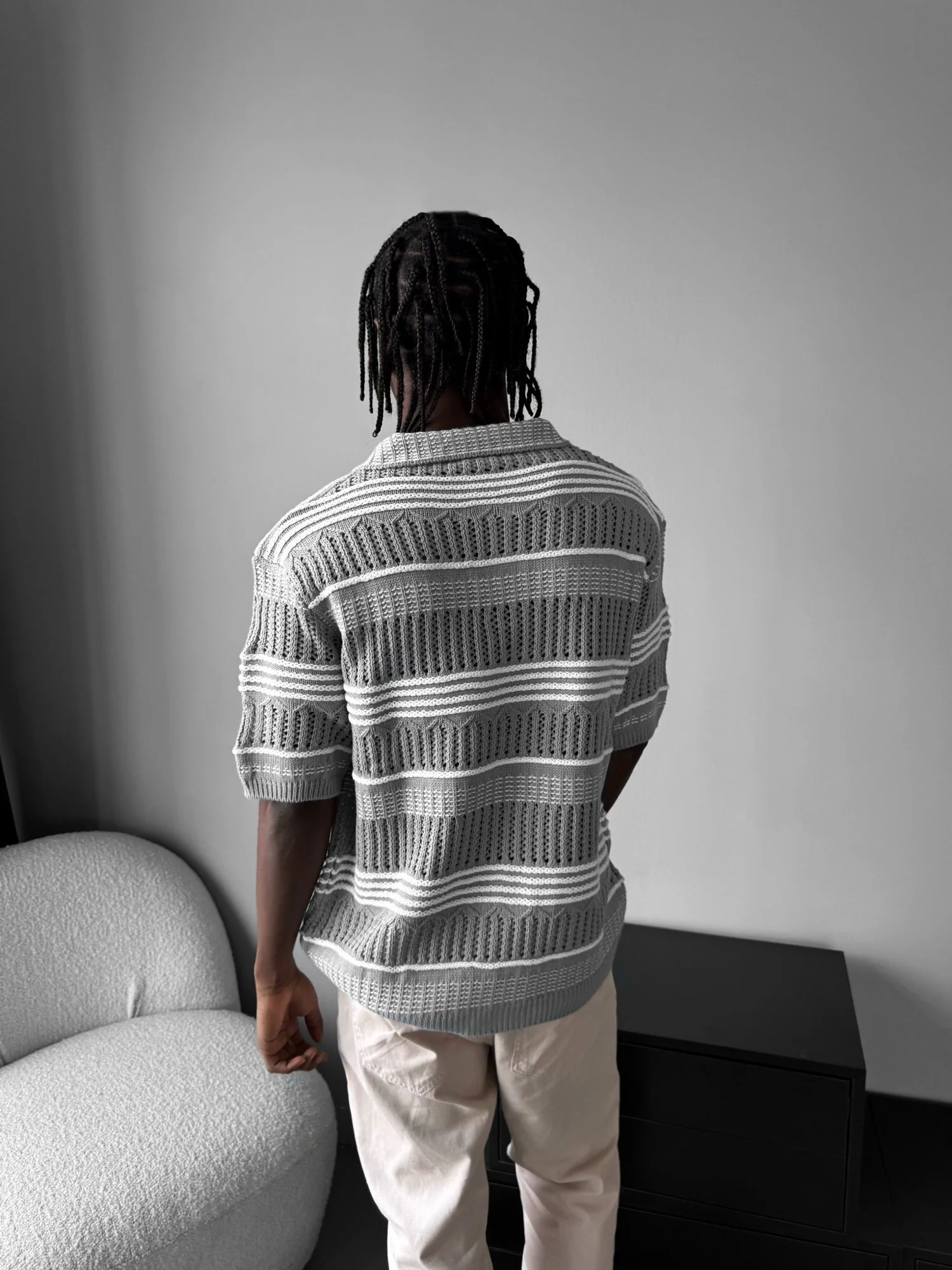 Loose Fit Patterned collar knit T-Shirt - Grey - Image 6