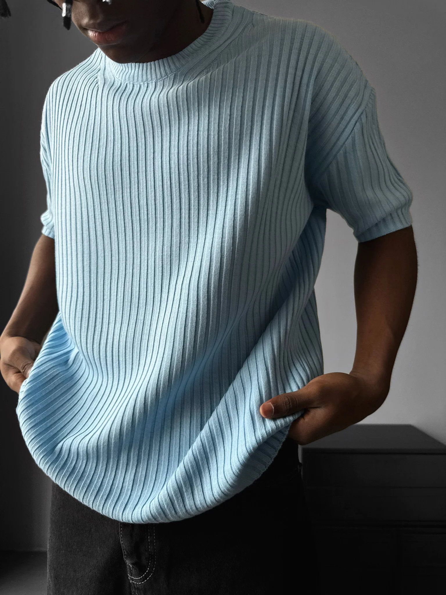 Loose Fit Ribbed Knit T-Shirt - Babyblue - Image 2