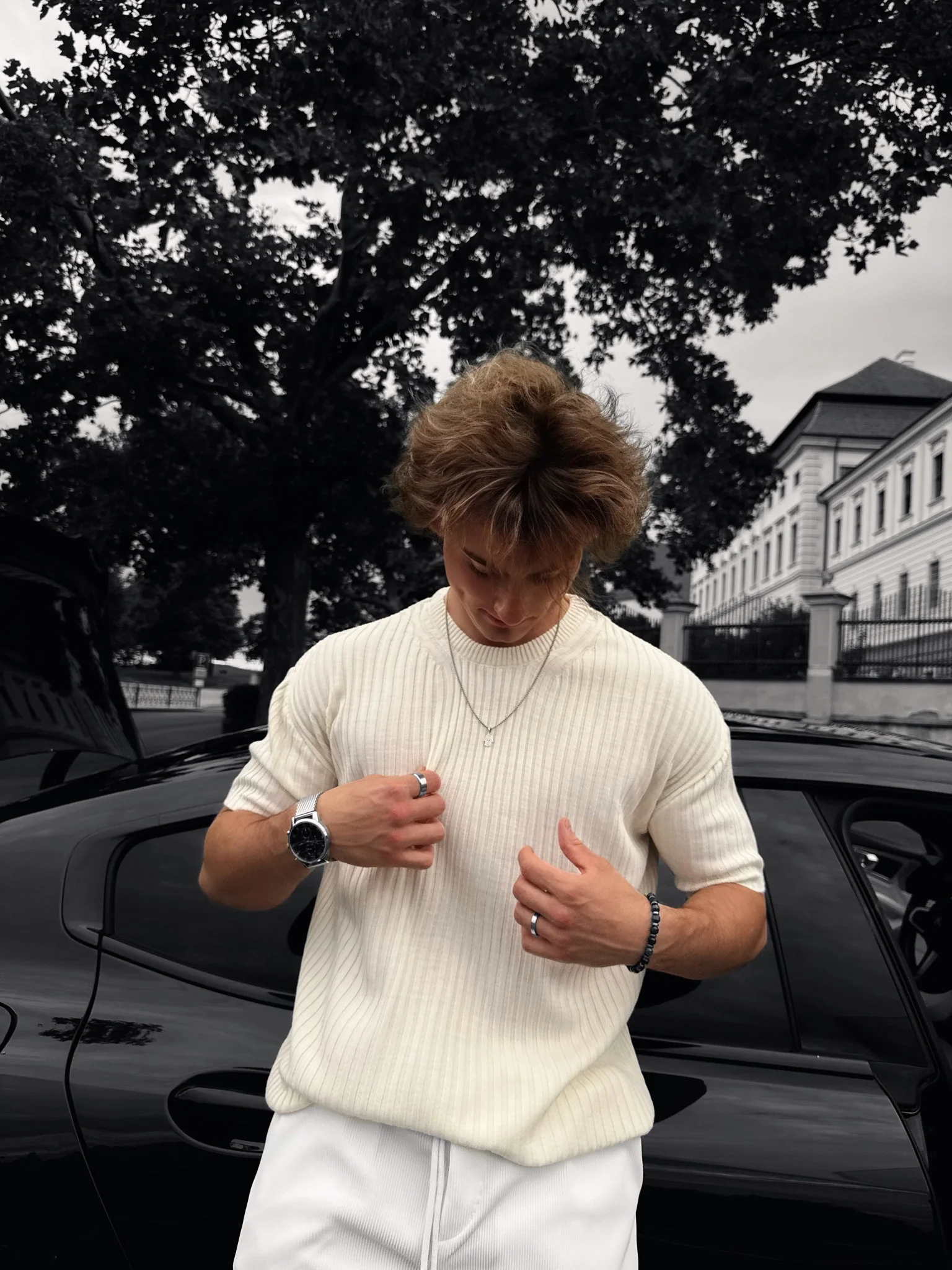 Loose Fit Ribbed Knit T-Shirt - Cremé - Image 8
