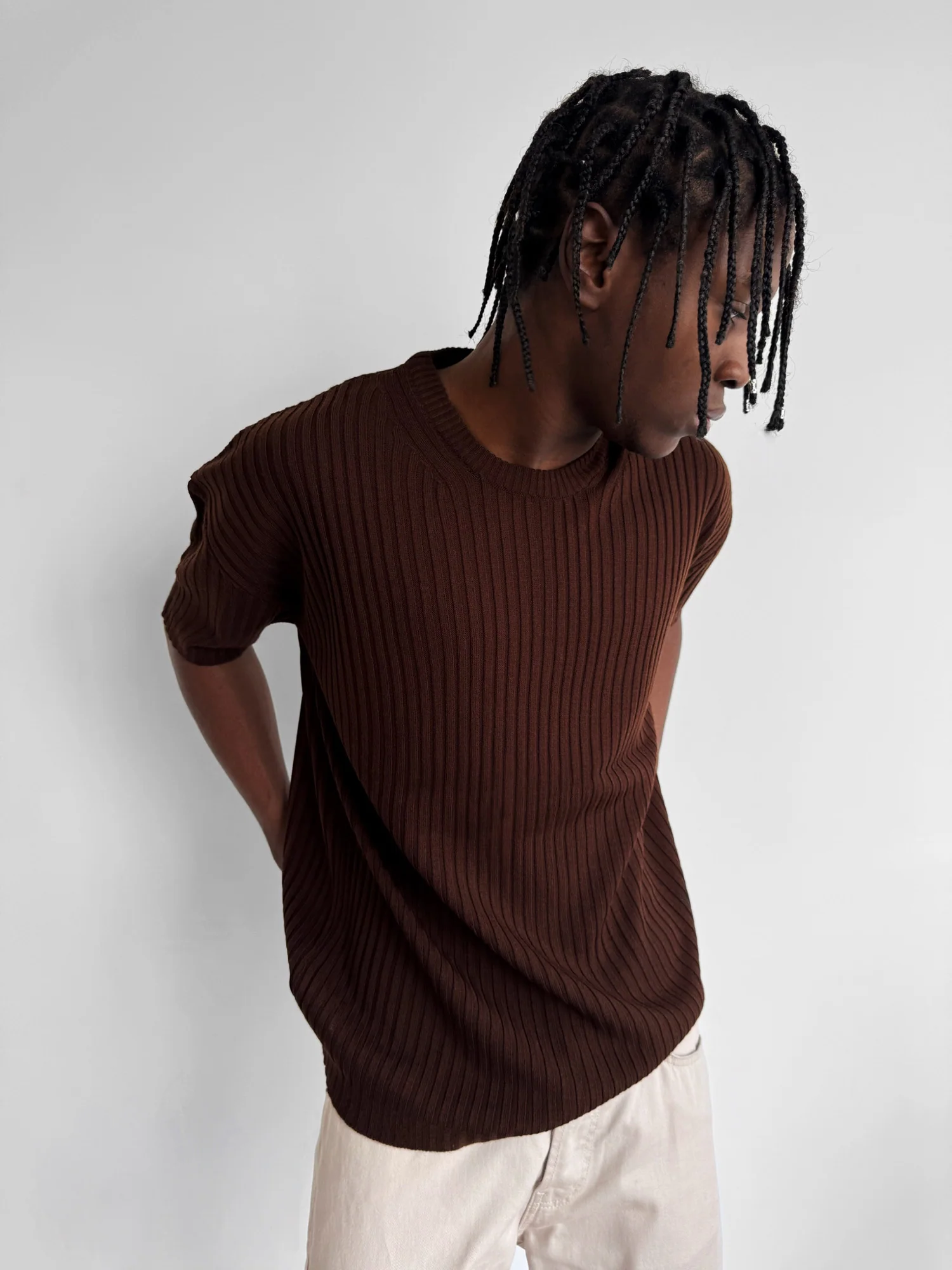 Loose Fit Ribbed Knit T-Shirt - Dark Brown - Image 3