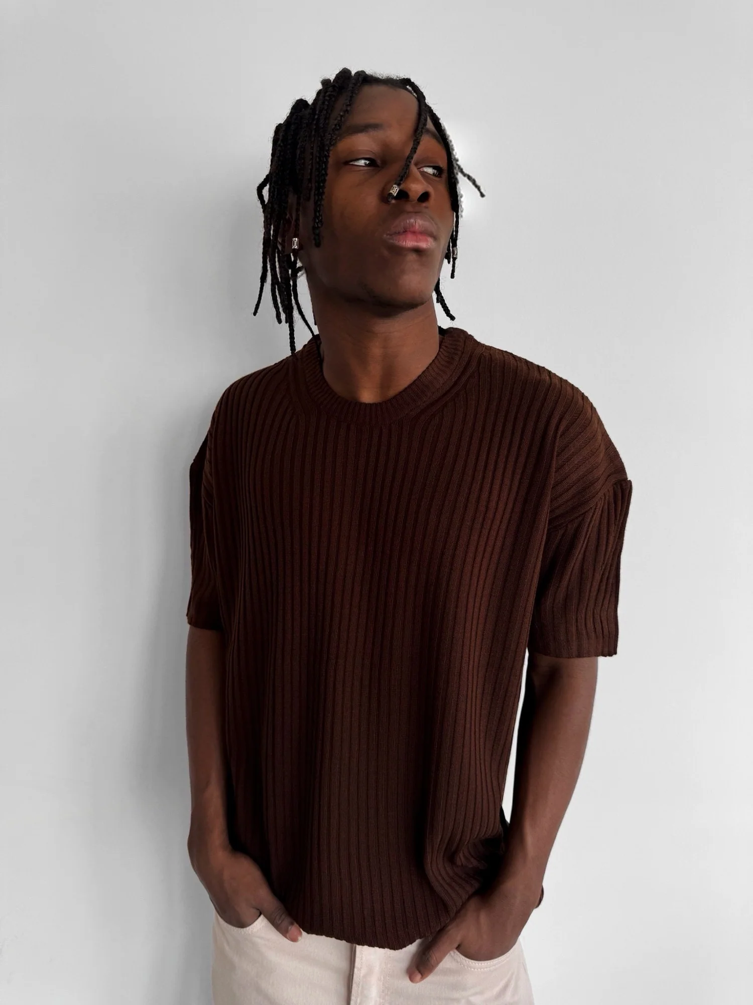 Loose Fit Ribbed Knit T-Shirt - Dark Brown - Image 5