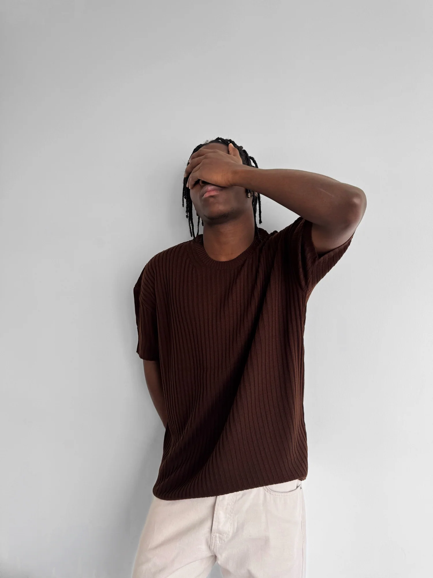 Loose Fit Ribbed Knit T-Shirt - Dark Brown - Image 6