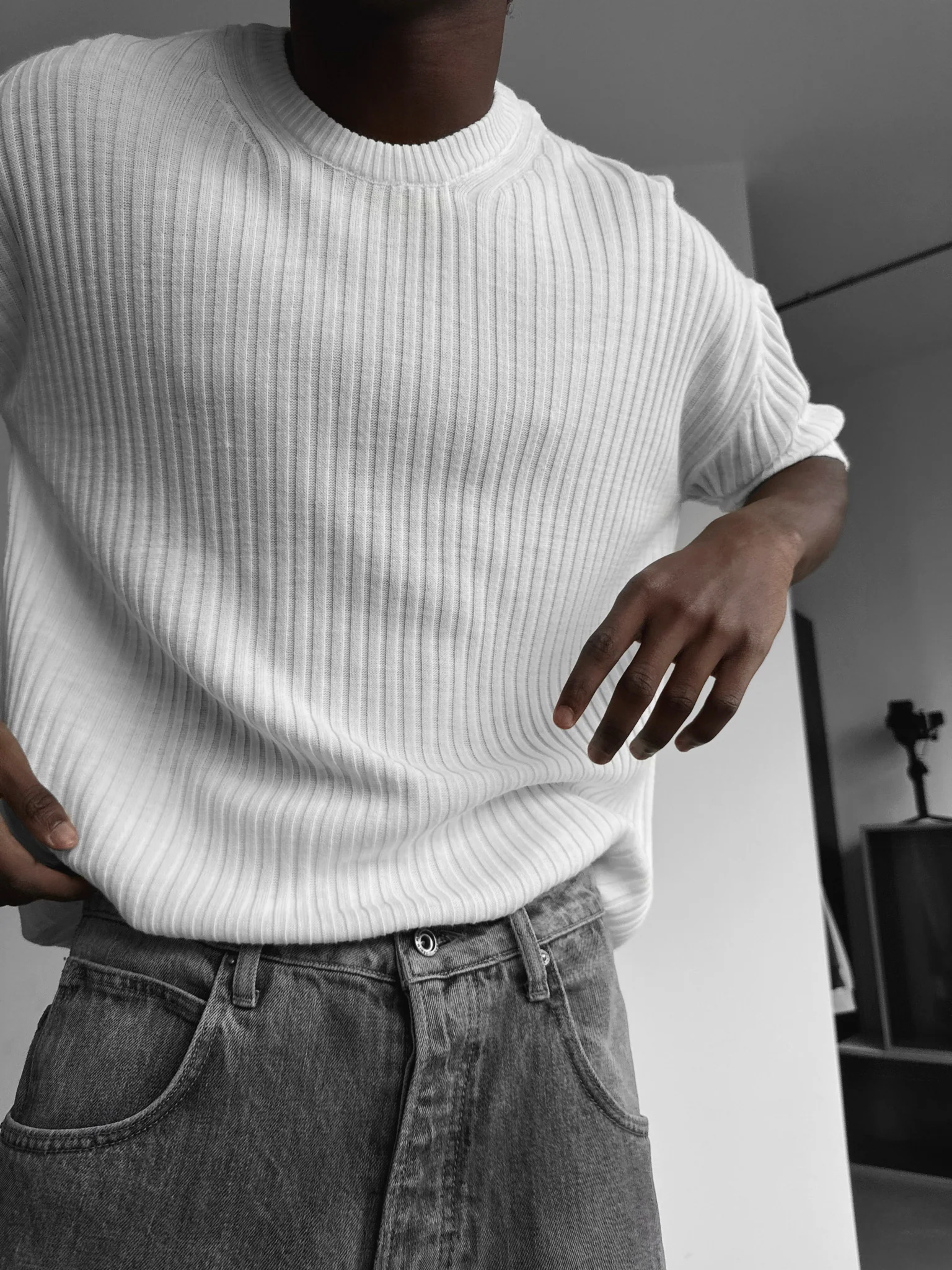 Loose Fit Ribbed Knit T-Shirt - Ecru - Image 2