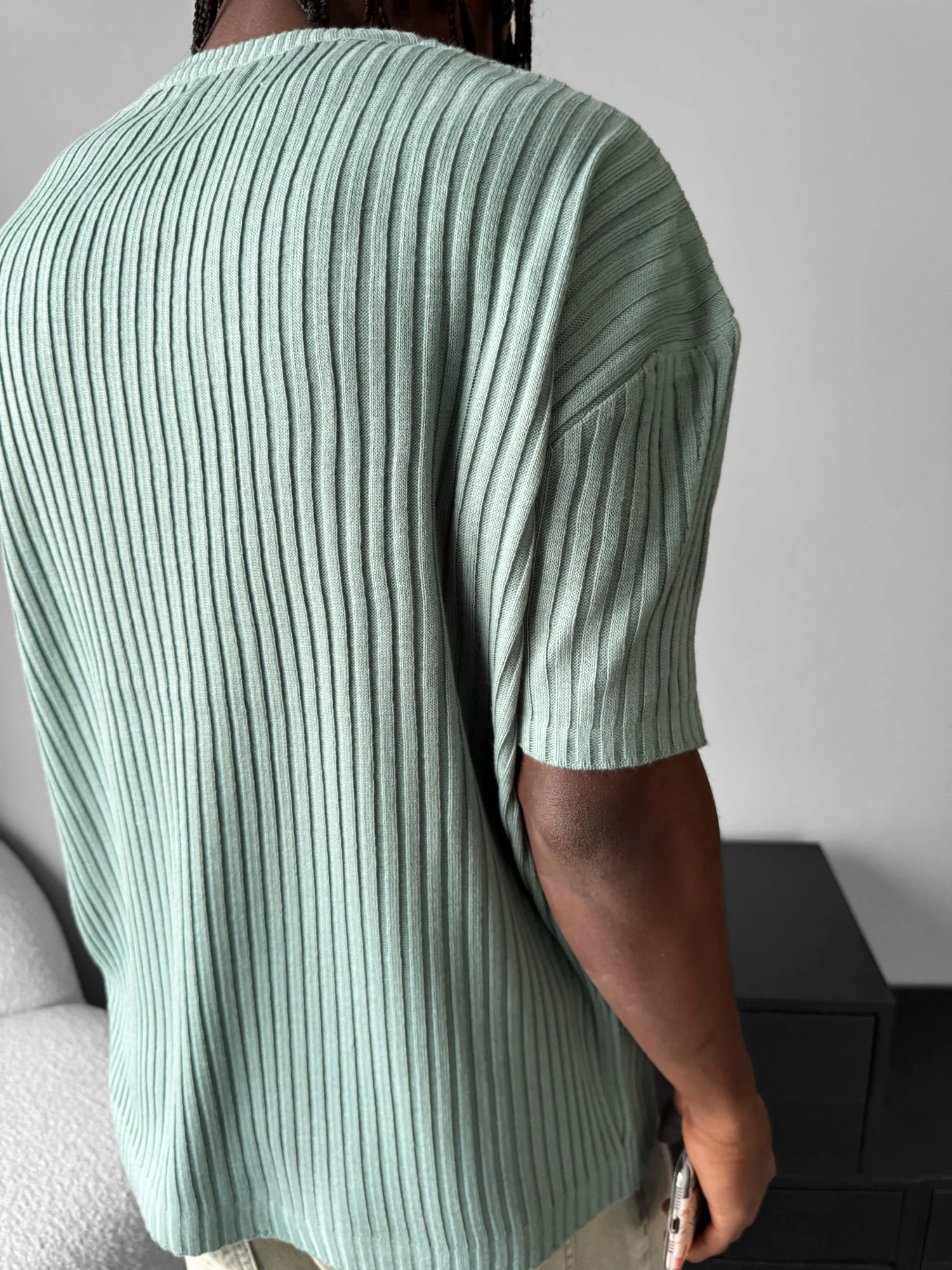 Loose Fit Ribbed Knit T-Shirt - Mint - Image 2