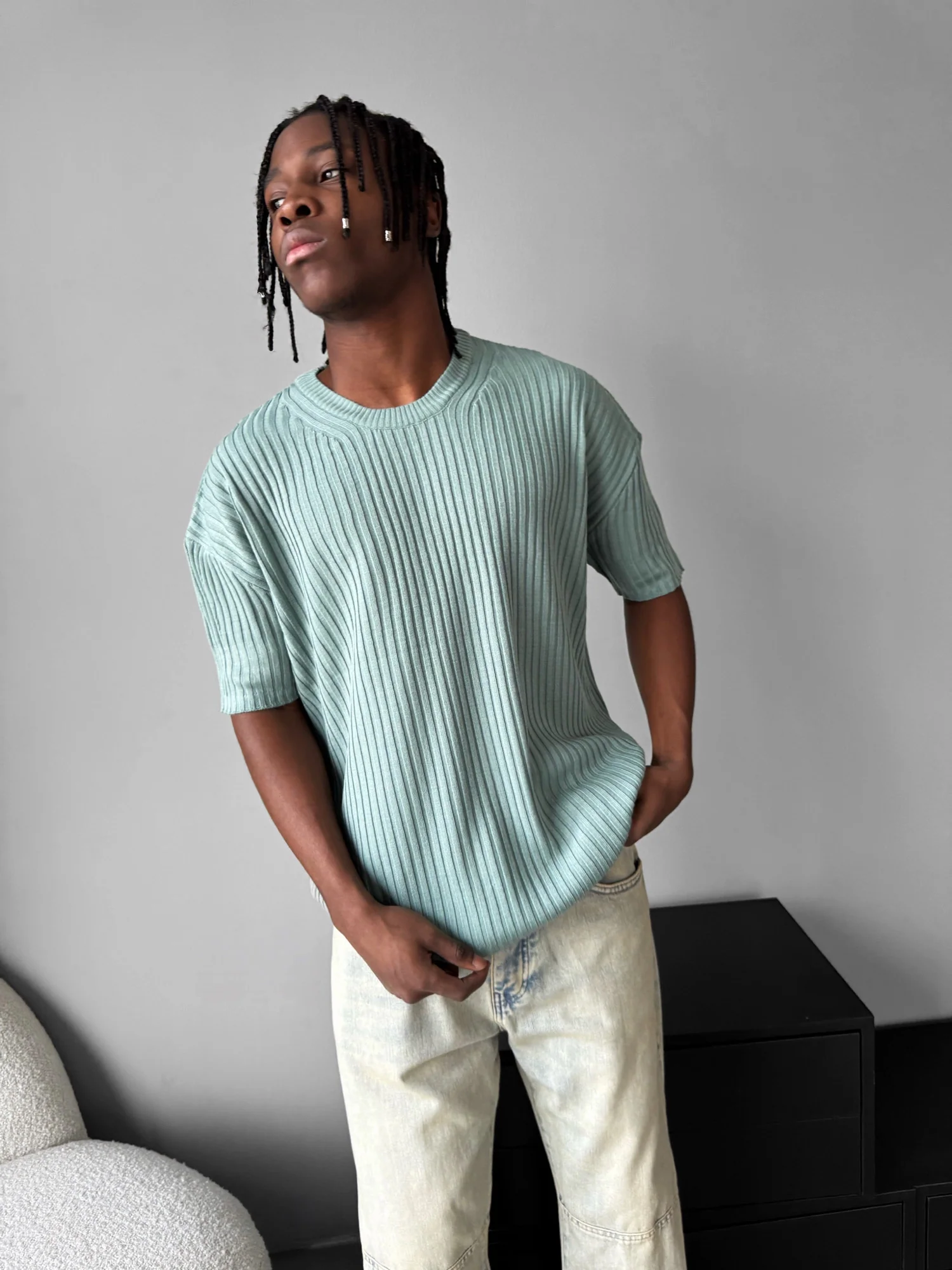 Loose Fit Ribbed Knit T-Shirt - Mint - Image 4