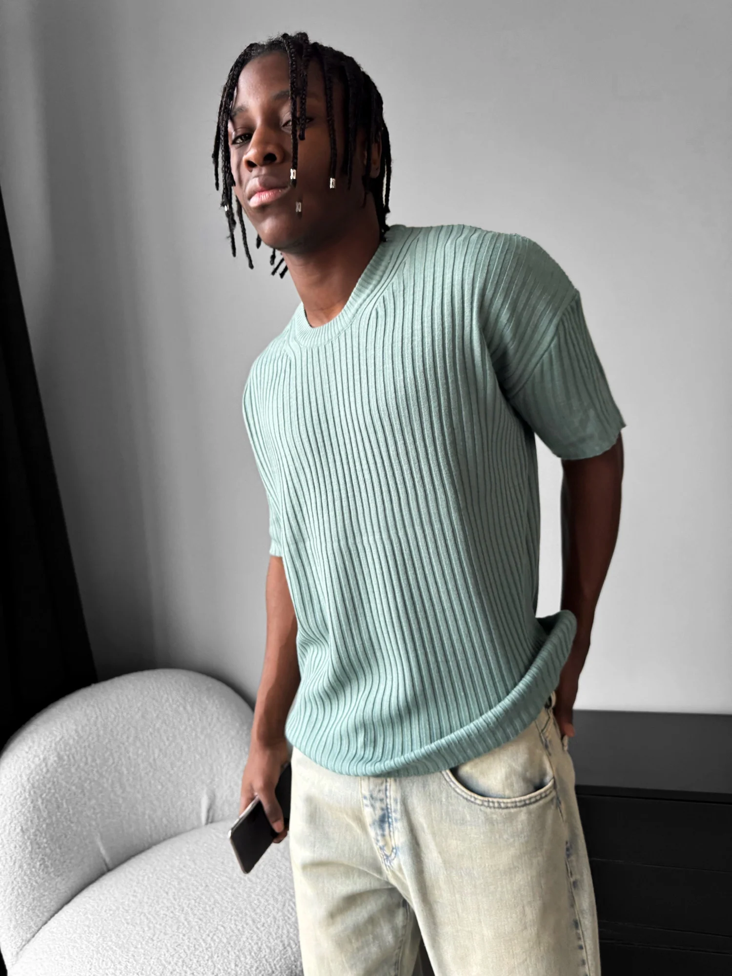 Loose Fit Ribbed Knit T-Shirt - Mint - Image 6