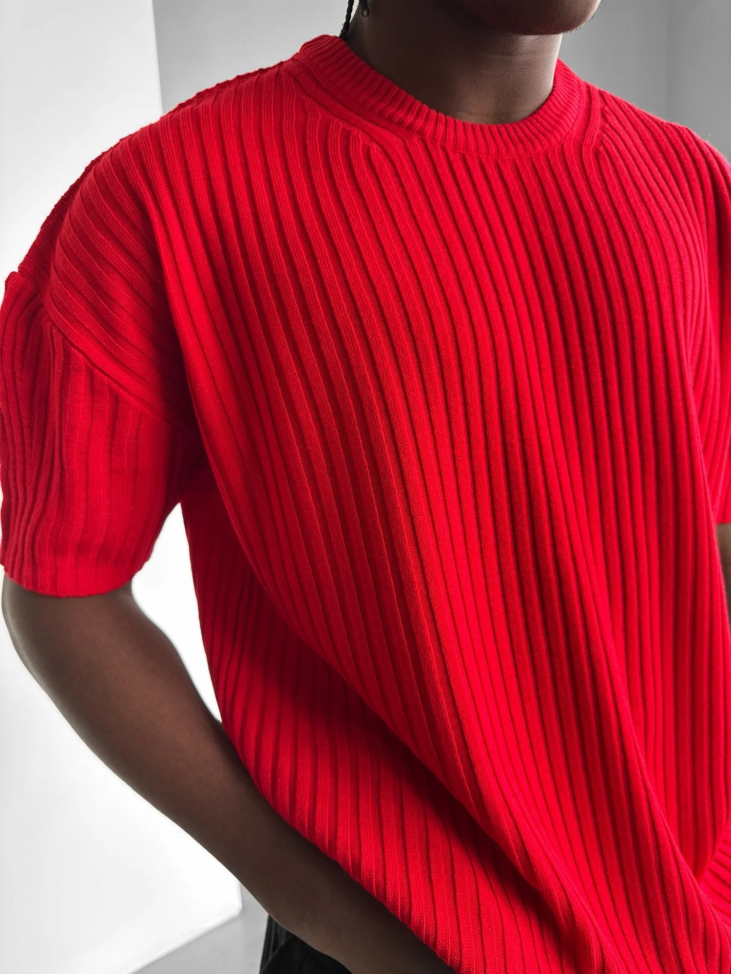 Loose Fit Ribbed Knit T-Shirt - Red