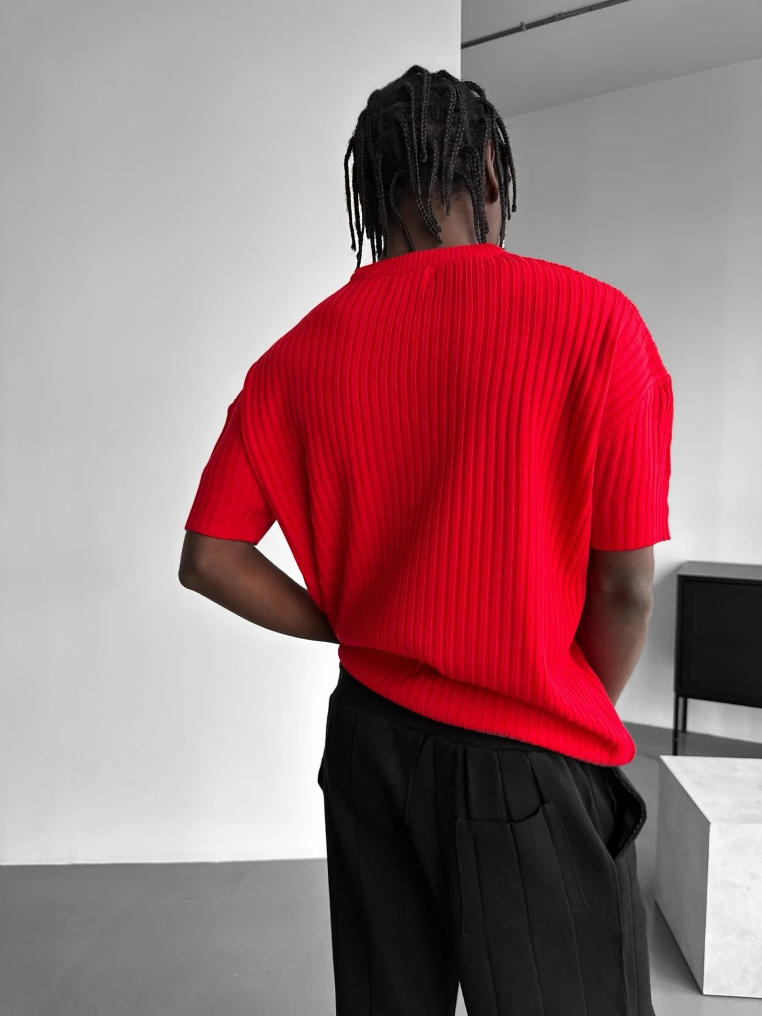 Loose Fit Ribbed Knit T-Shirt - Red - Image 3