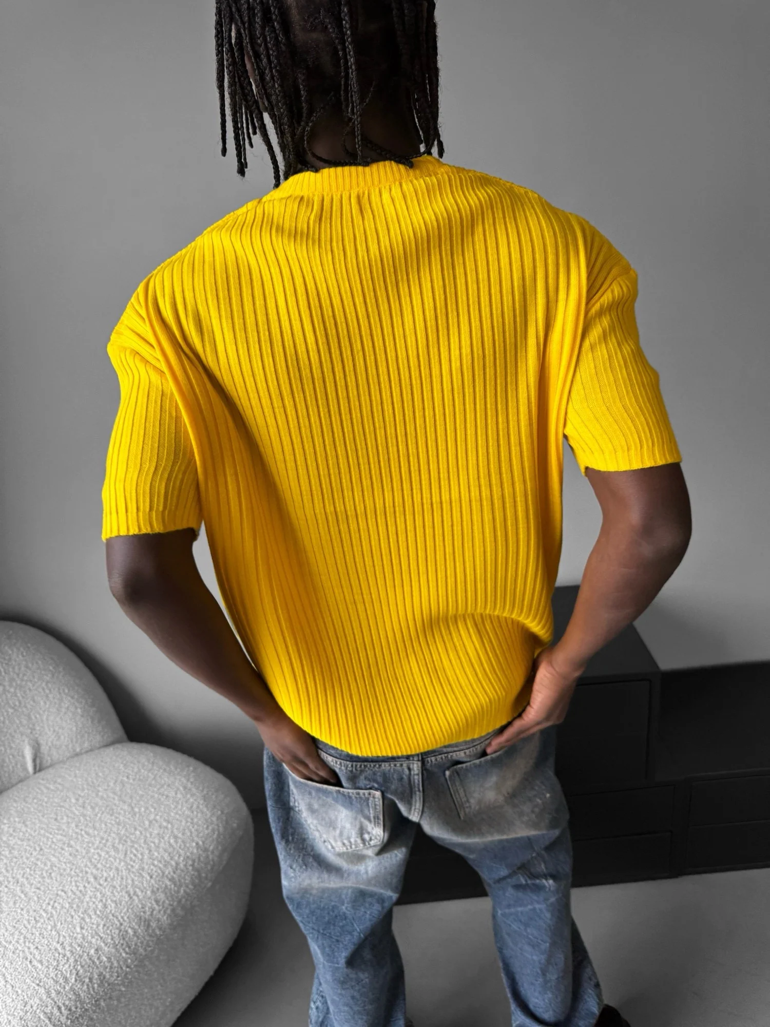Loose Fit Ribbed Knit T-Shirt - Yellow - Image 3